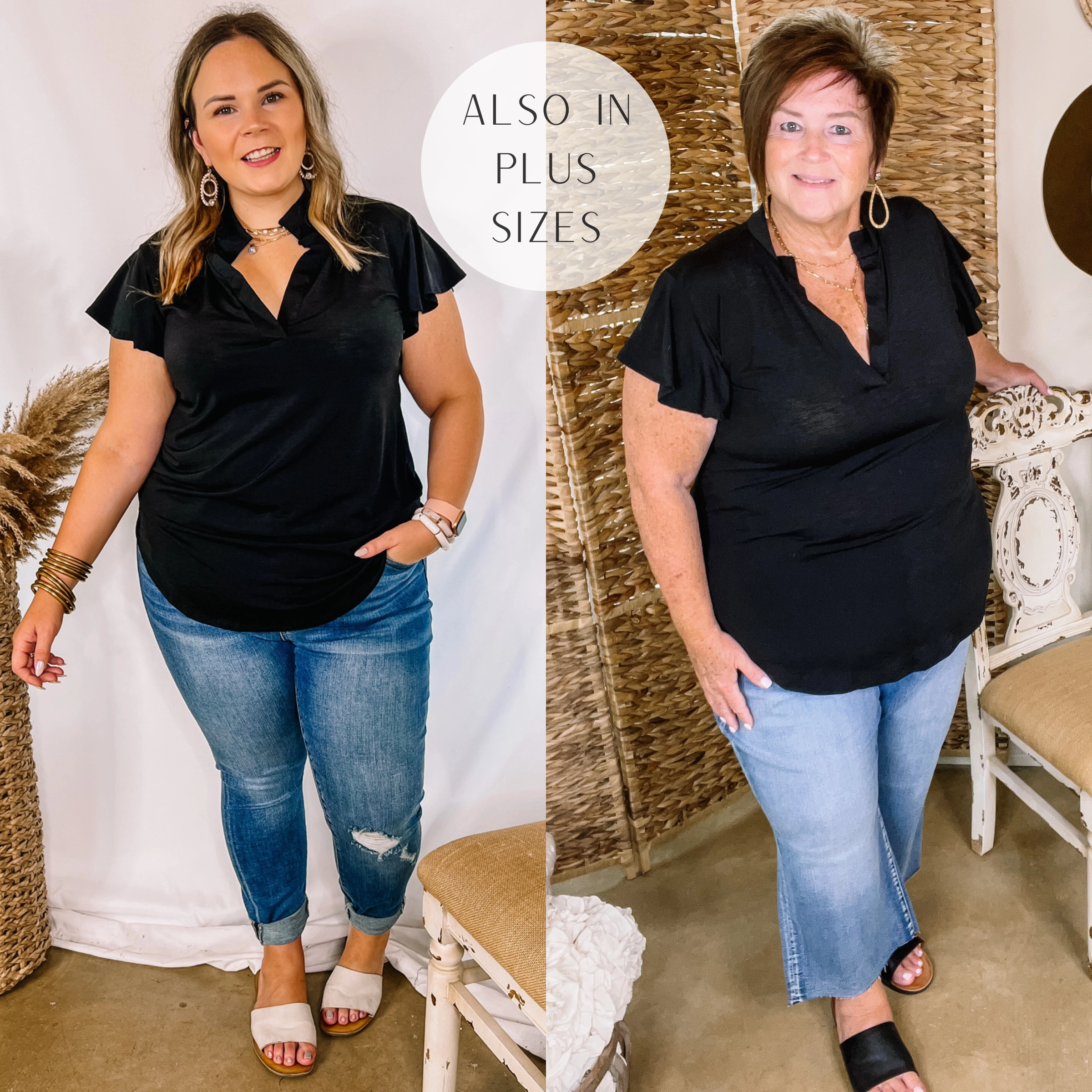 AntiSnag Threading QuickReleaseClosures Last Chance Size Small | Every Effort Ruffle Short Sleeve Top with Notched Neckline in Black