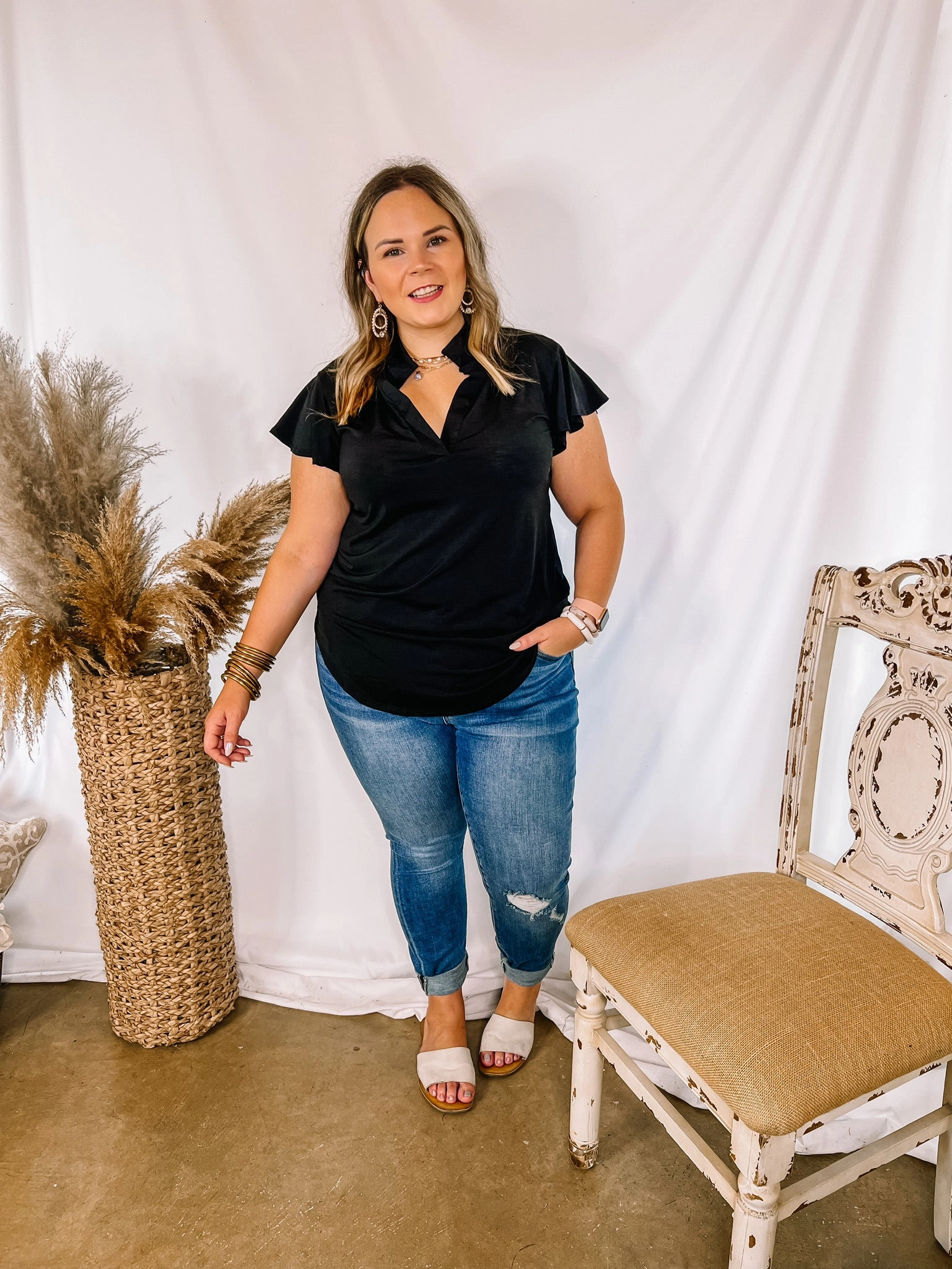 Last Chance Size Small | Every Effort Ruffle Short Sleeve Top with Notched Neckline in Black NoSlipTrims