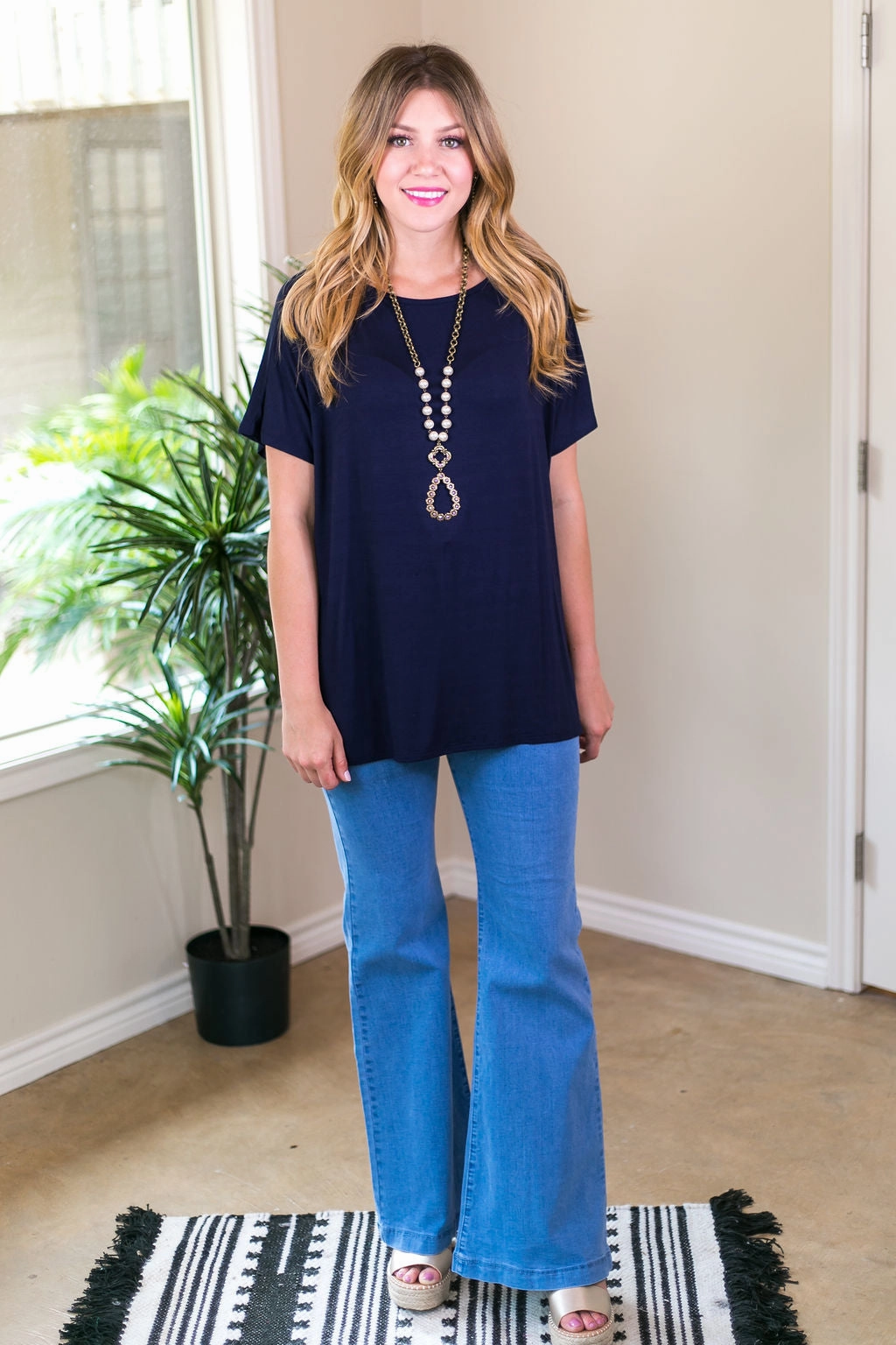 Last Chance Size Small | Everyday Basics Drop Sleeve Solid Piko Top in Navy Blue Game Core NoSlipGrip