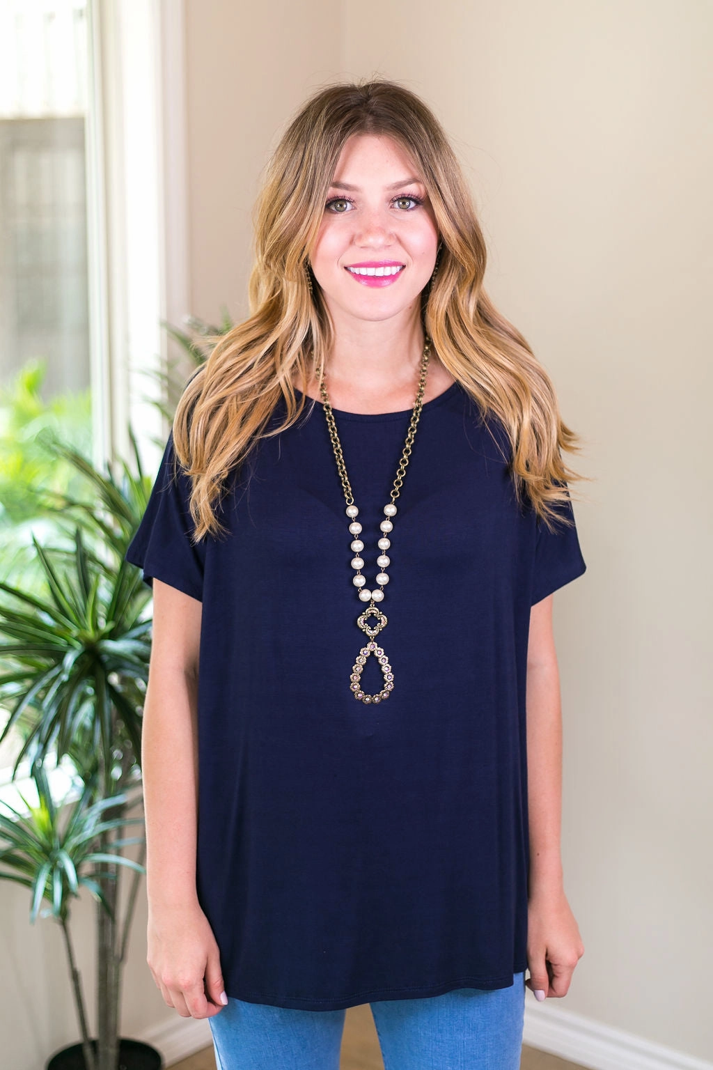 Last Chance Size Small | Everyday Basics Drop Sleeve Solid Piko Top in Navy Blue Storm Core Recycled materials