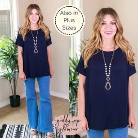 Last Chance Size Small | Everyday Basics Drop Sleeve Solid Piko Top in Navy Blue Recycled Fit FlexibleWaistband