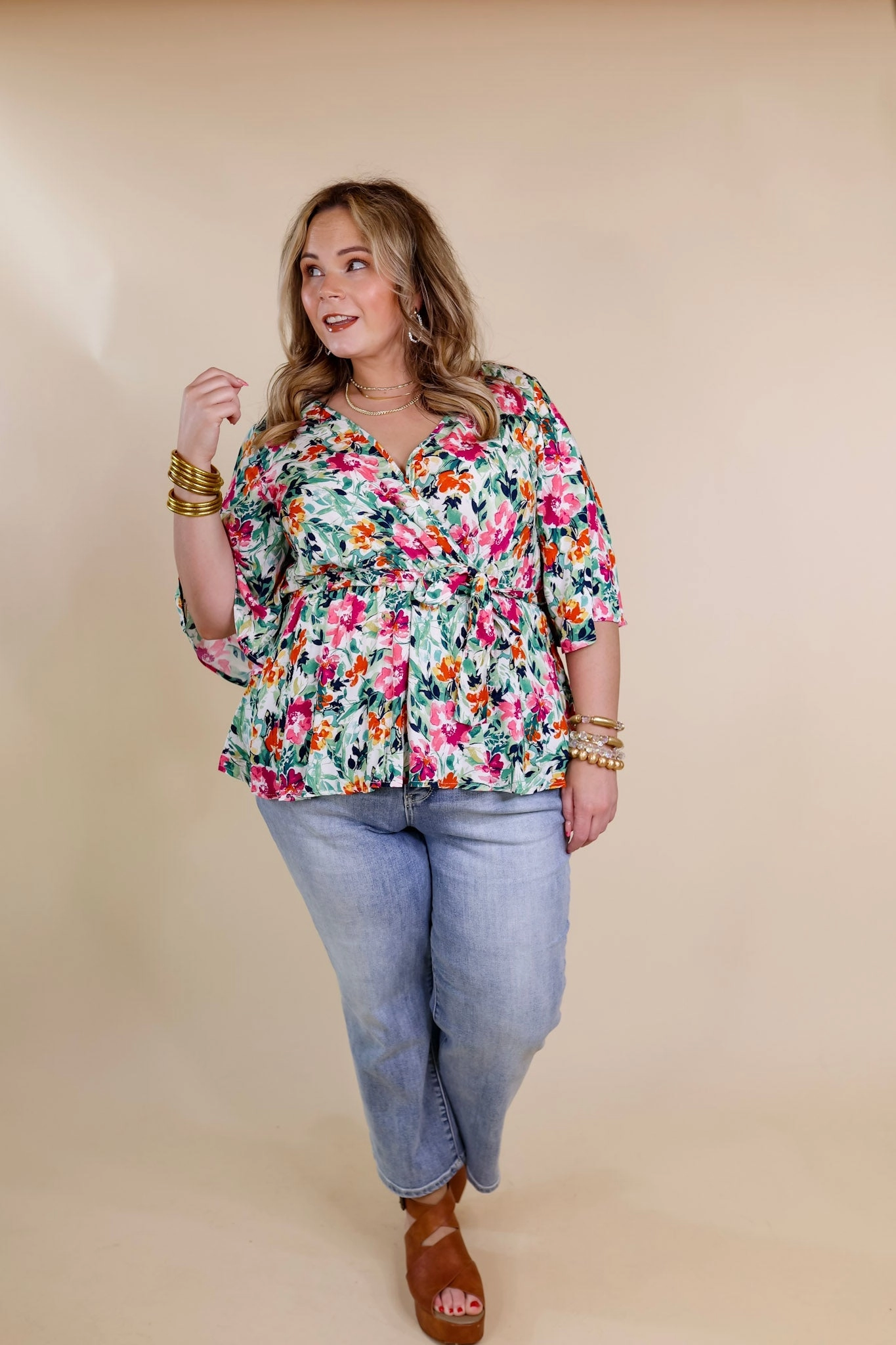 Last Chance Size Small | Feels Like A Fairytale Floral V Neck Babydoll Top with Waist Tie in Green Mix Daily Fit FrictionReducing Lining