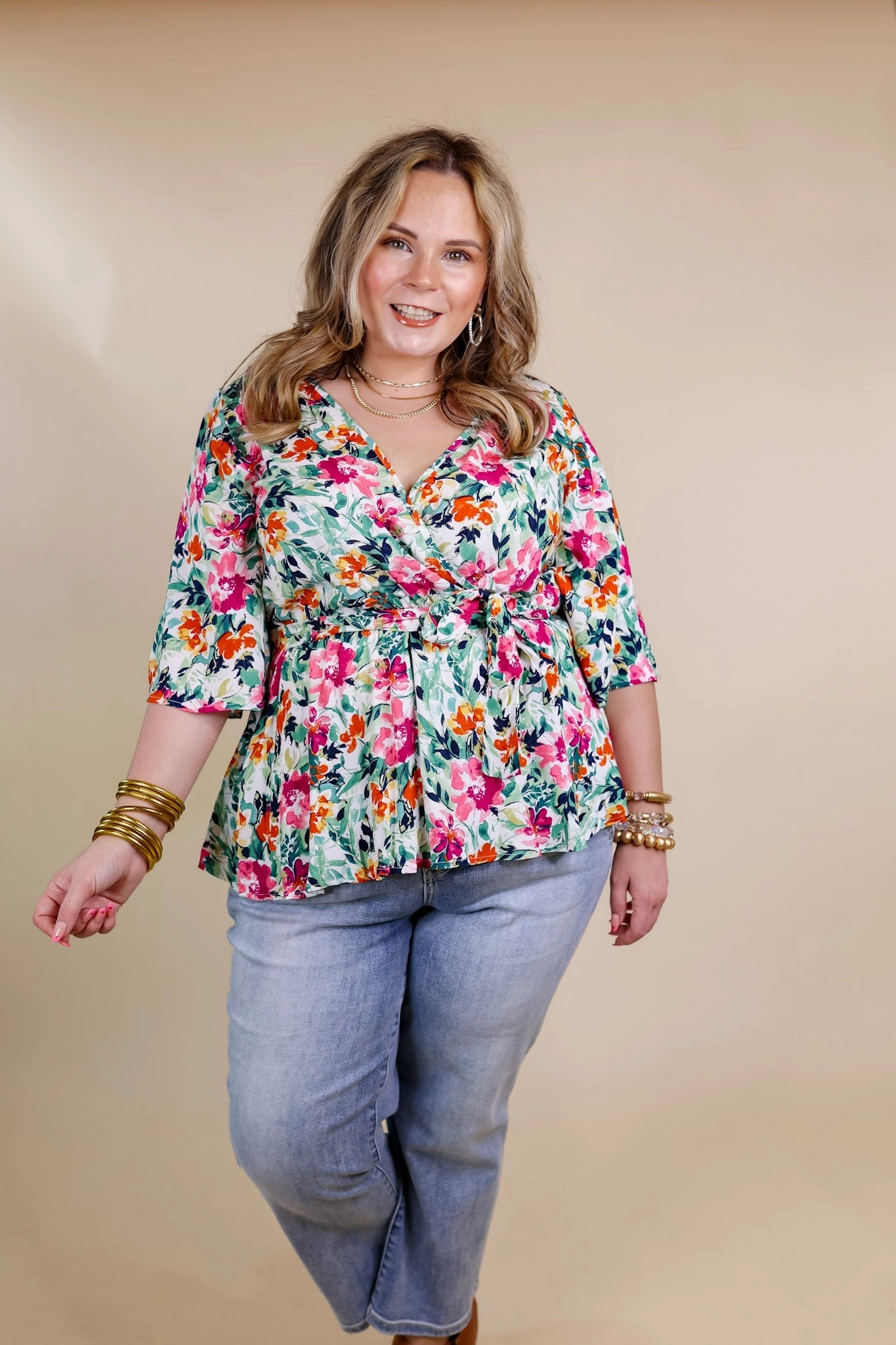 OdorControlTech Jump Core Last Chance Size Small | Feels Like A Fairytale Floral V Neck Babydoll Top with Waist Tie in Green Mix