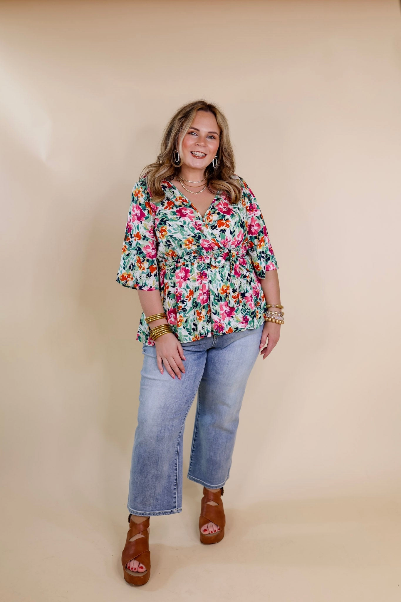 Last Chance Size Small | Feels Like A Fairytale Floral V Neck Babydoll Top with Waist Tie in Green Mix AntiBacterialTreatment