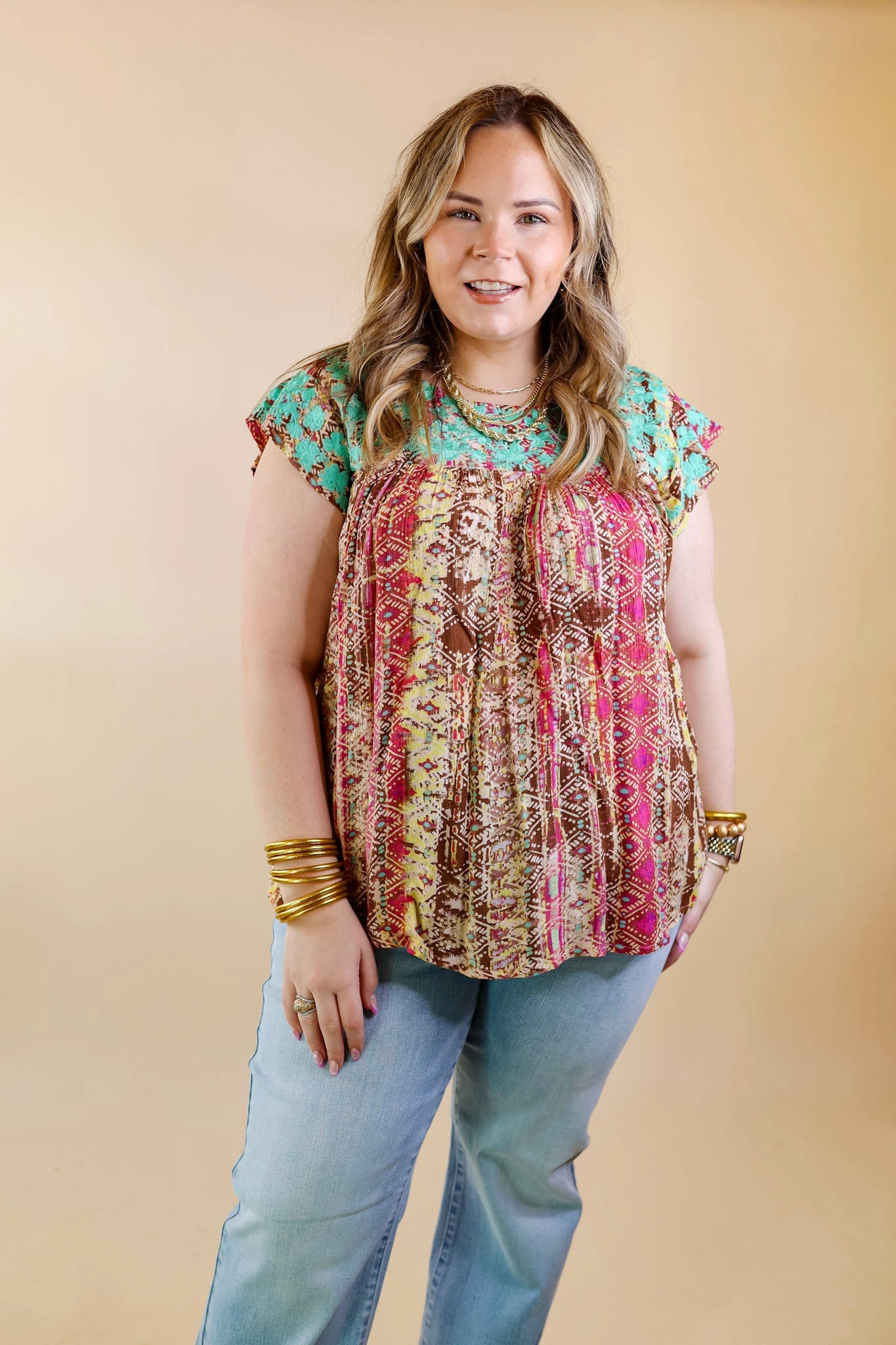 Thermochromic Color Shift Tech DurableDoubleLayeredHem Last Chance Size Small | Festival Weather Turquoise Embroidered Tribal Print Top with Cap Sleeves in Olive Green Mix