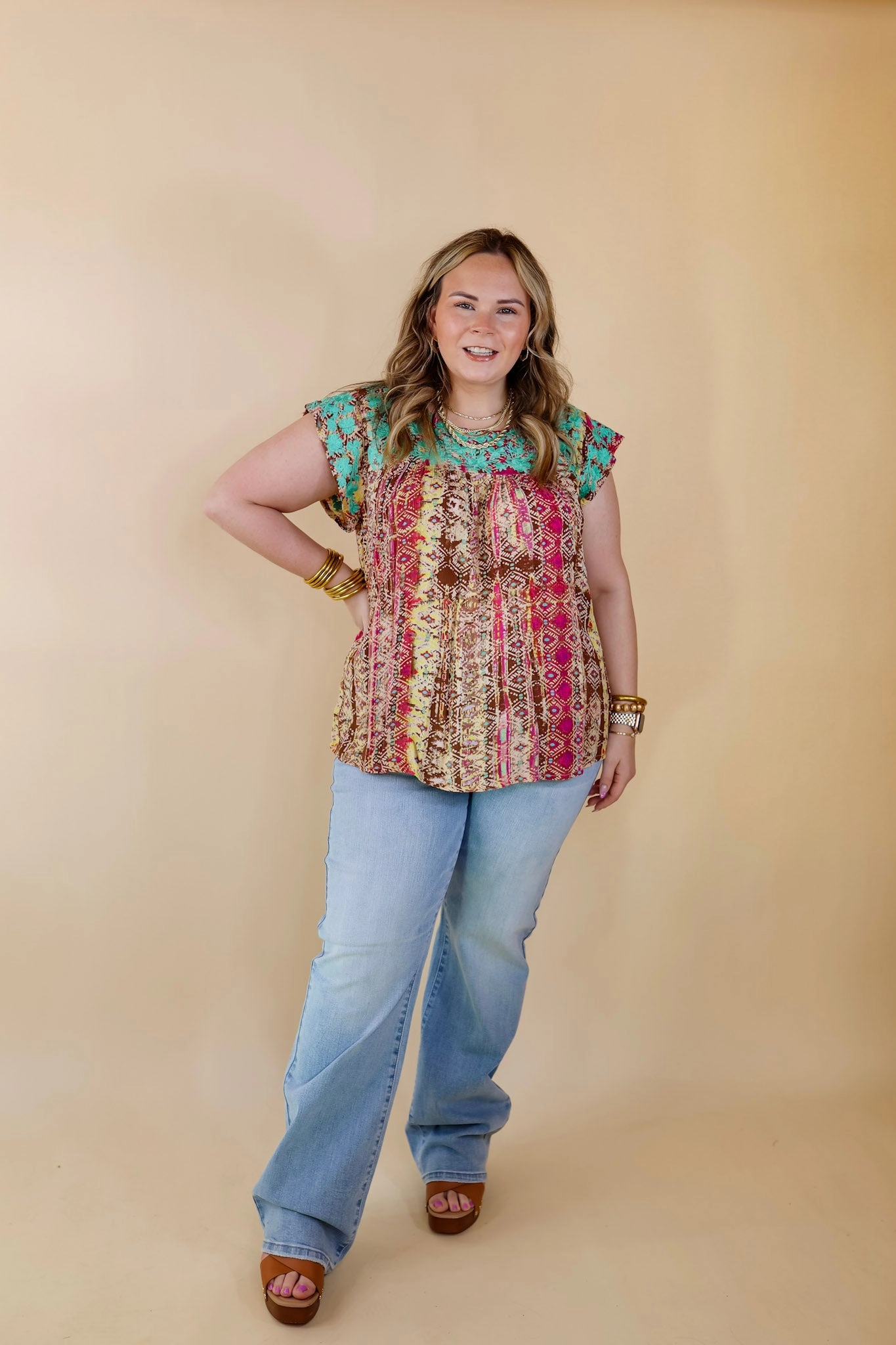 Last Chance Size Small | Festival Weather Turquoise Embroidered Tribal Print Top with Cap Sleeves in Olive Green Mix BreathableFabricTech