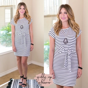 Last Chance Size Small | First in Line Drop Shoulder Striped Dress with Waist Tie Detail in White TumbleDry Safe