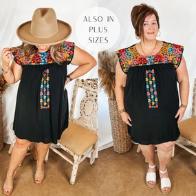 Free Shape Flexible Joints Last Chance Size Small | Headed For Happy Floral Embroidered Cap Sleeve Dress in Black