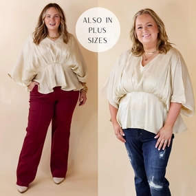 Active Apparel Magic Glow Last Chance Size Small | Hear the Music Drop Sleeve Satin V Neck Peplum Top in Champagne