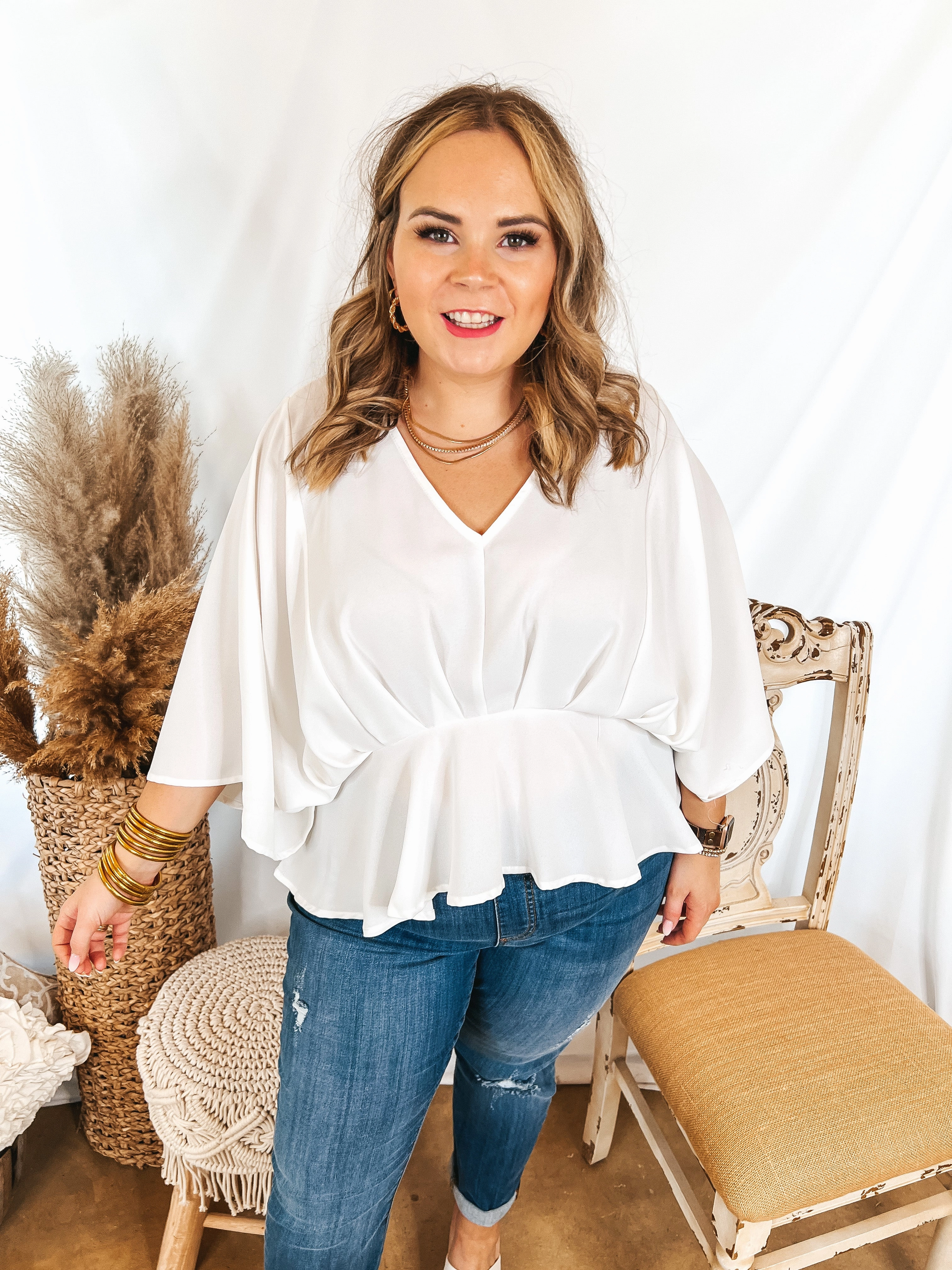 Last Chance Size Small | Hear the Music Drop Sleeve V Neck Peplum Top in White AbrasionFree Edging Athleisure Cool