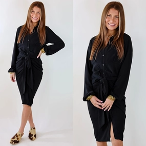 Last Chance Size Small | Heart On The Line Button Up Ruched Front Midi Dress with Waist Tie in Black Thick Glow