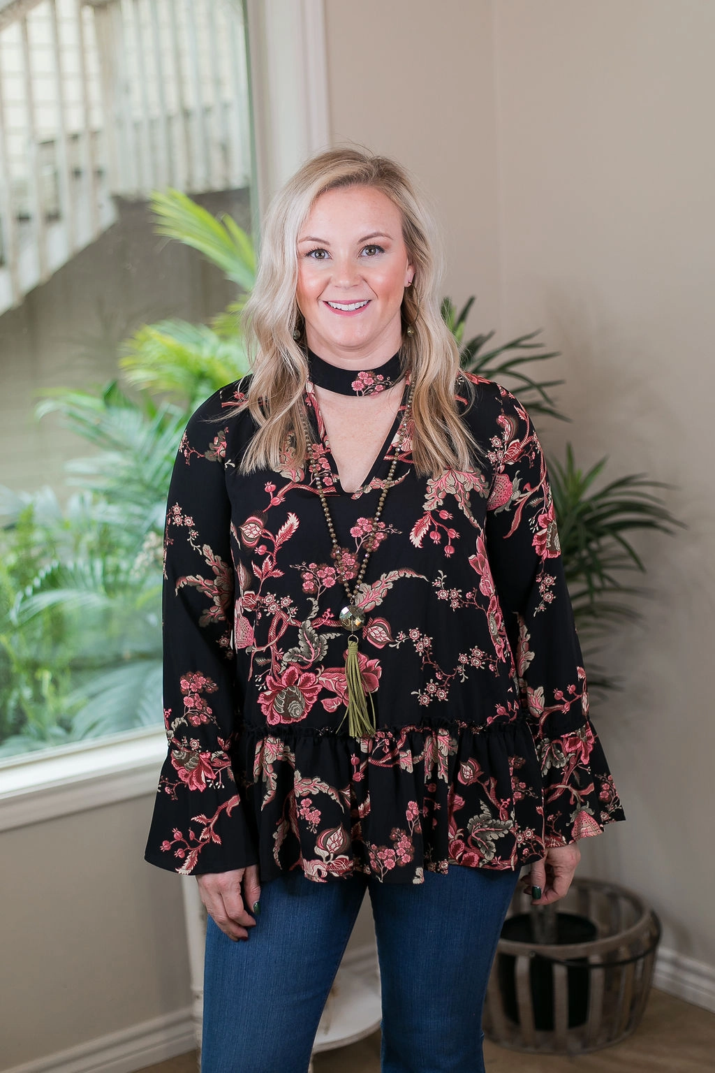 Last Chance Size Small | Here She Comes Floral Keyhole Top with Ruffle in Black WrinkleResistantCloth