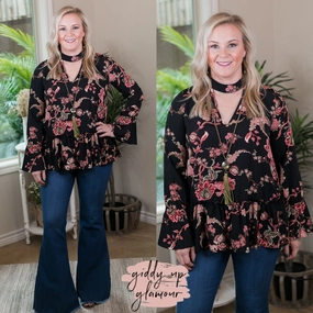 Last Chance Size Small | Here She Comes Floral Keyhole Top with Ruffle in Black Layer Play