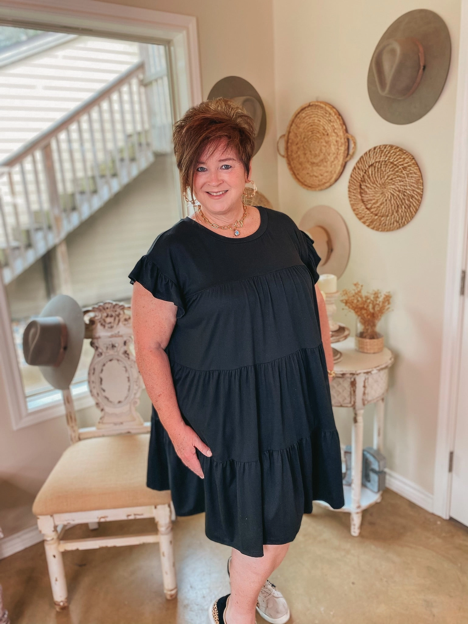 Last Chance Size Small | Instant Attraction Solid Ruffle Tiered Dress in Black WrinkleResistant Easy Layer