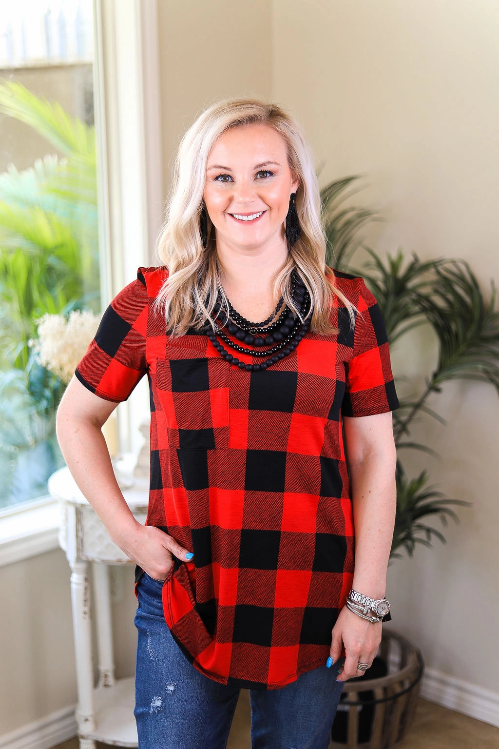 SweatAbsorbingTexture Versatile Design Last Chance Size Small | Just Right Short Sleeve Buffalo Plaid Print Pocket Tee in Red