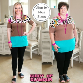 StaticFreeLining Village Charm Last Chance Size Small | Keep It Moving Leopard & Floral Short Sleeve Color Block Top in Turquoise