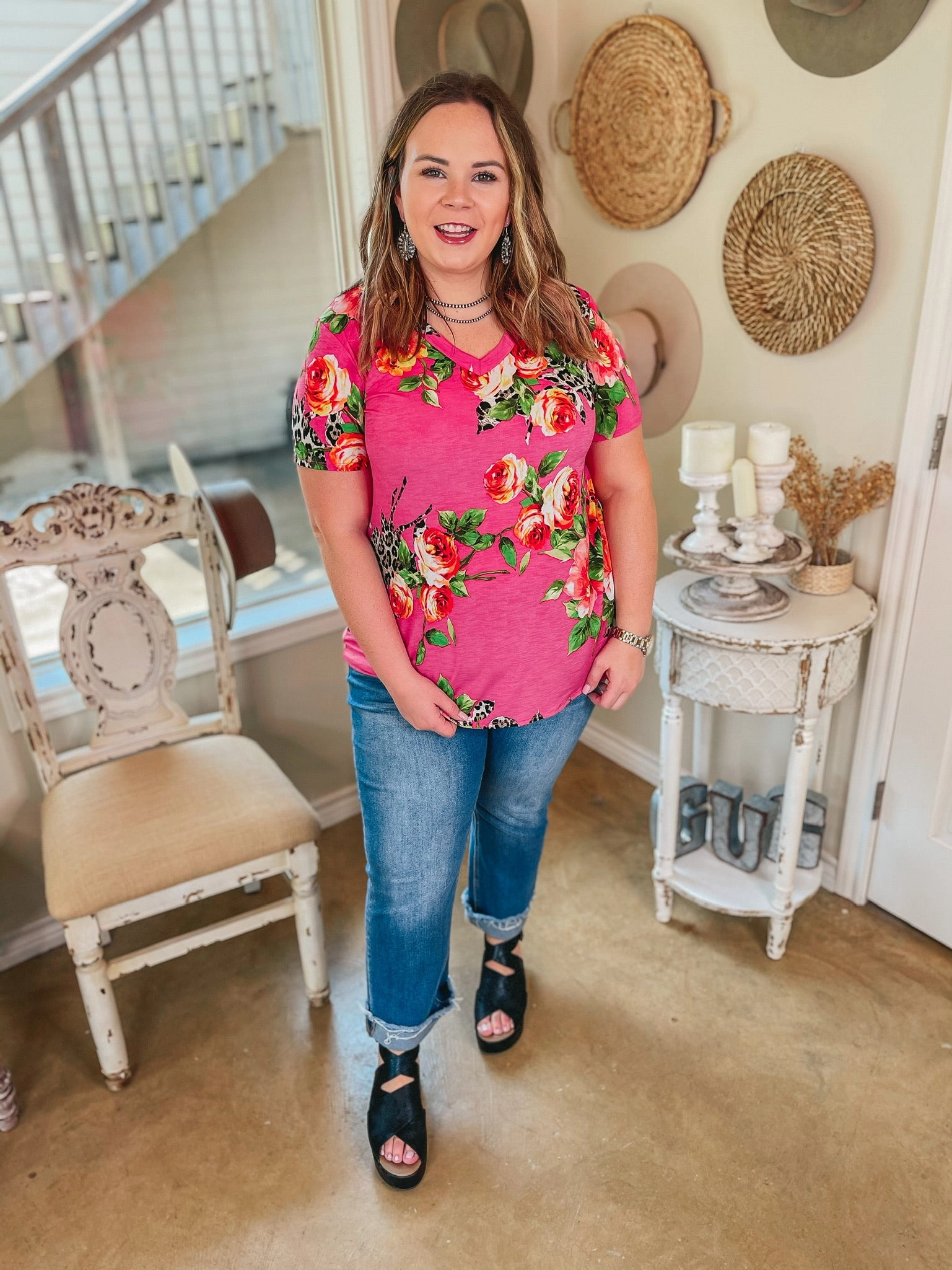 Last Chance Size Small | Keep Things Simple Floral and Leopard V Neck Tee in Fuchsia Mind Glow