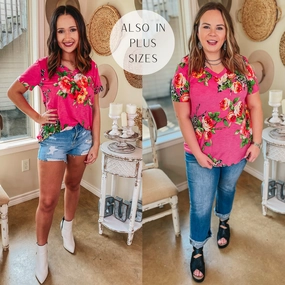 Boss Vibe Last Chance Size Small | Keep Things Simple Floral and Leopard V Neck Tee in Fuchsia