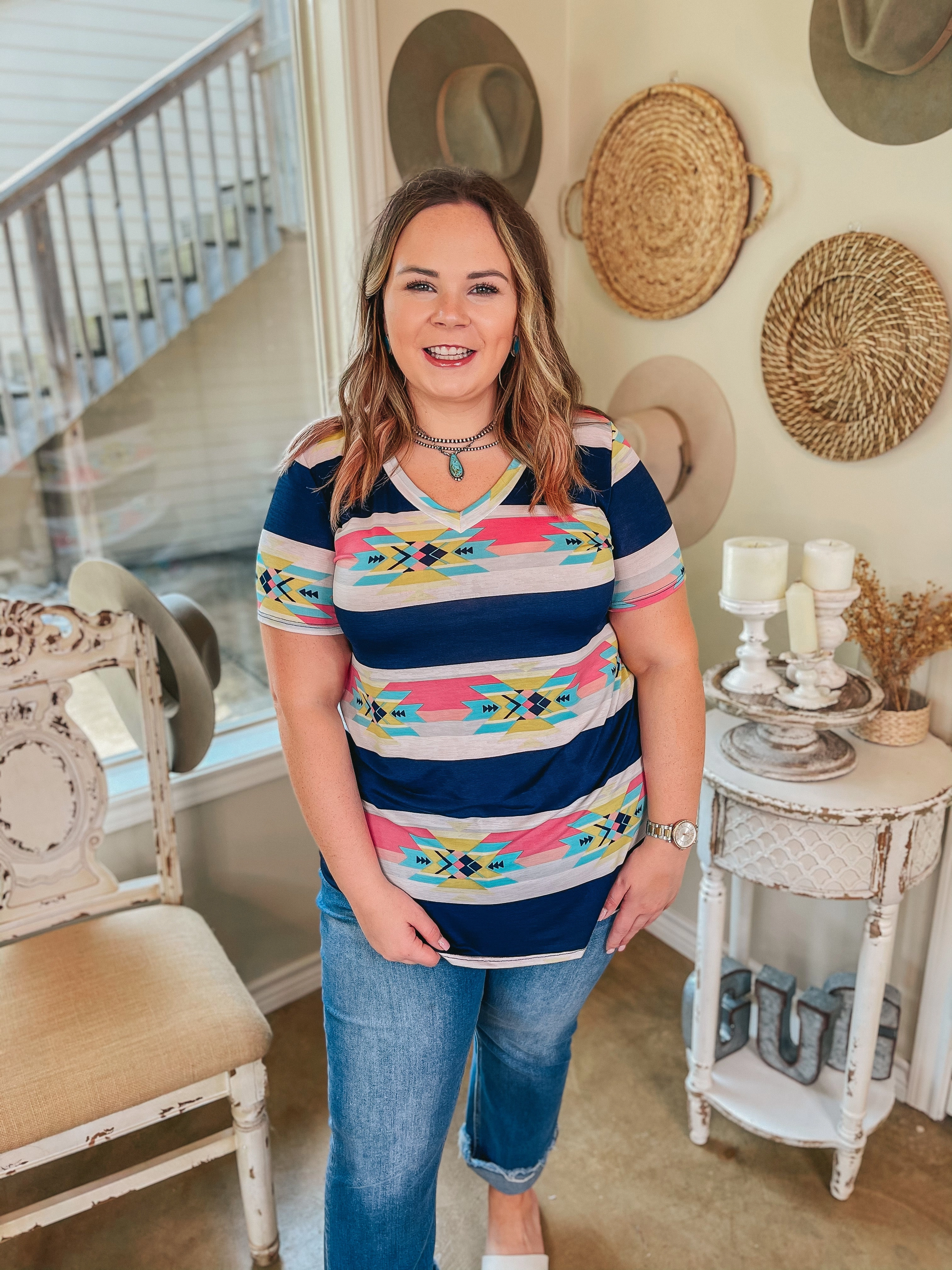 Last Chance Size Small | Keep Things Simple Horizontal Striped Aztec Print V Neck Tee in Navy AntiPilling