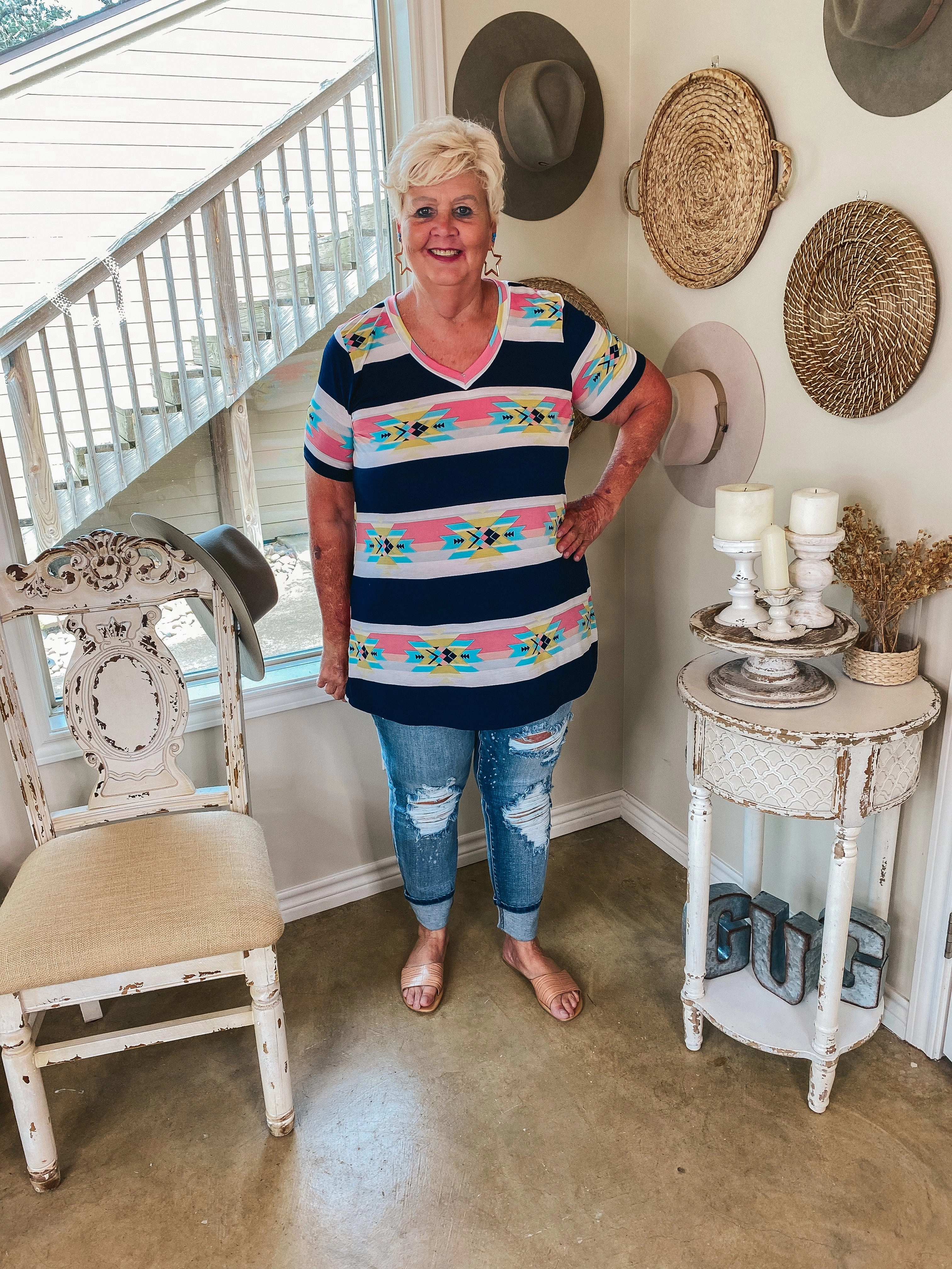 Run Glow AntiStatic Treatment Last Chance Size Small | Keep Things Simple Horizontal Striped Aztec Print V Neck Tee in Navy