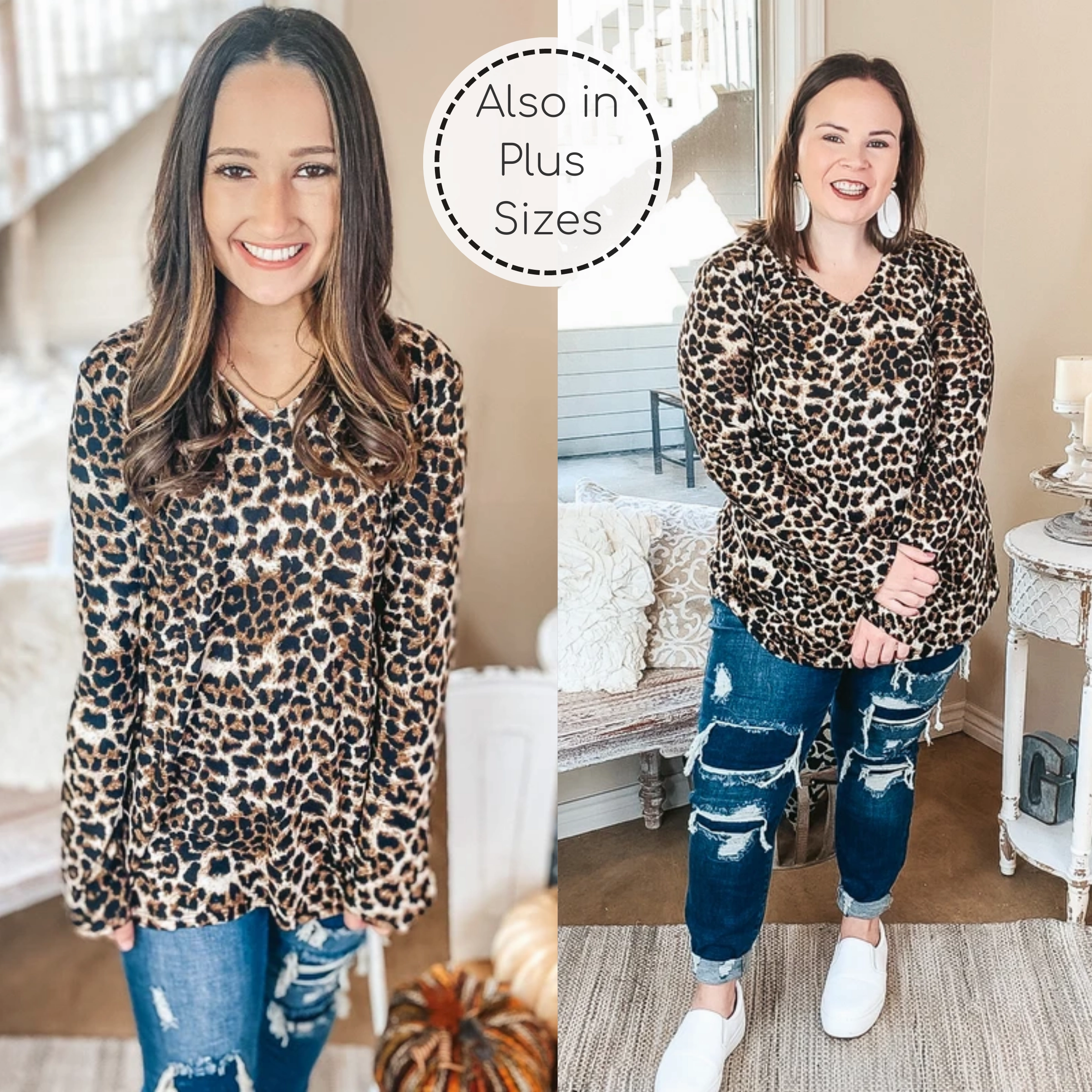 Last Chance Size Small | Keep Things Simple Long Sleeve V Neck Pullover Top in Leopard Outdoor Shirt Seamless construction