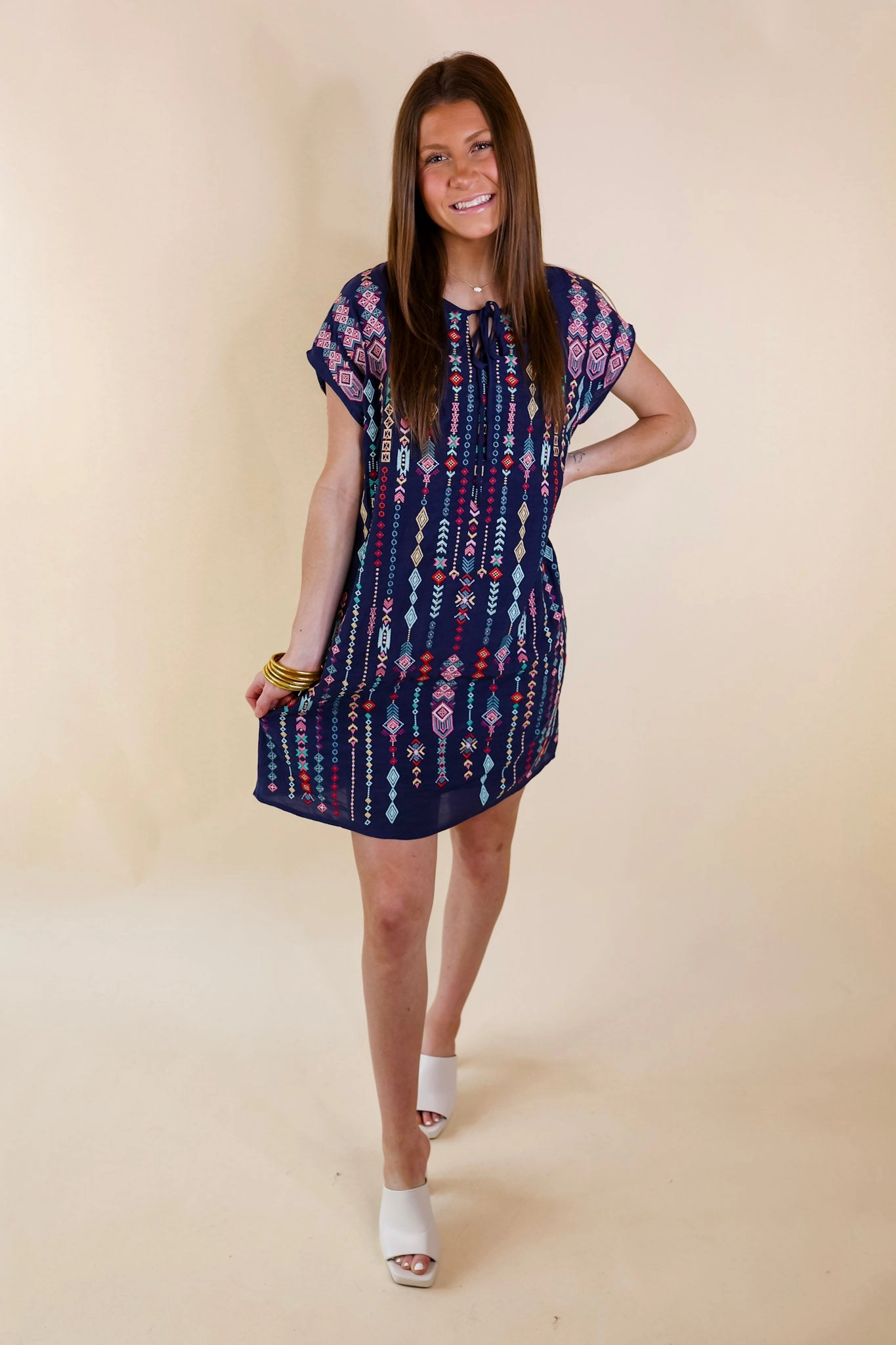 Last Chance Size Small | Love Crush Tribal Embroidered Dress with Front Keyhole in Navy Blue Hypoallergenic Fibers Vegan Mood