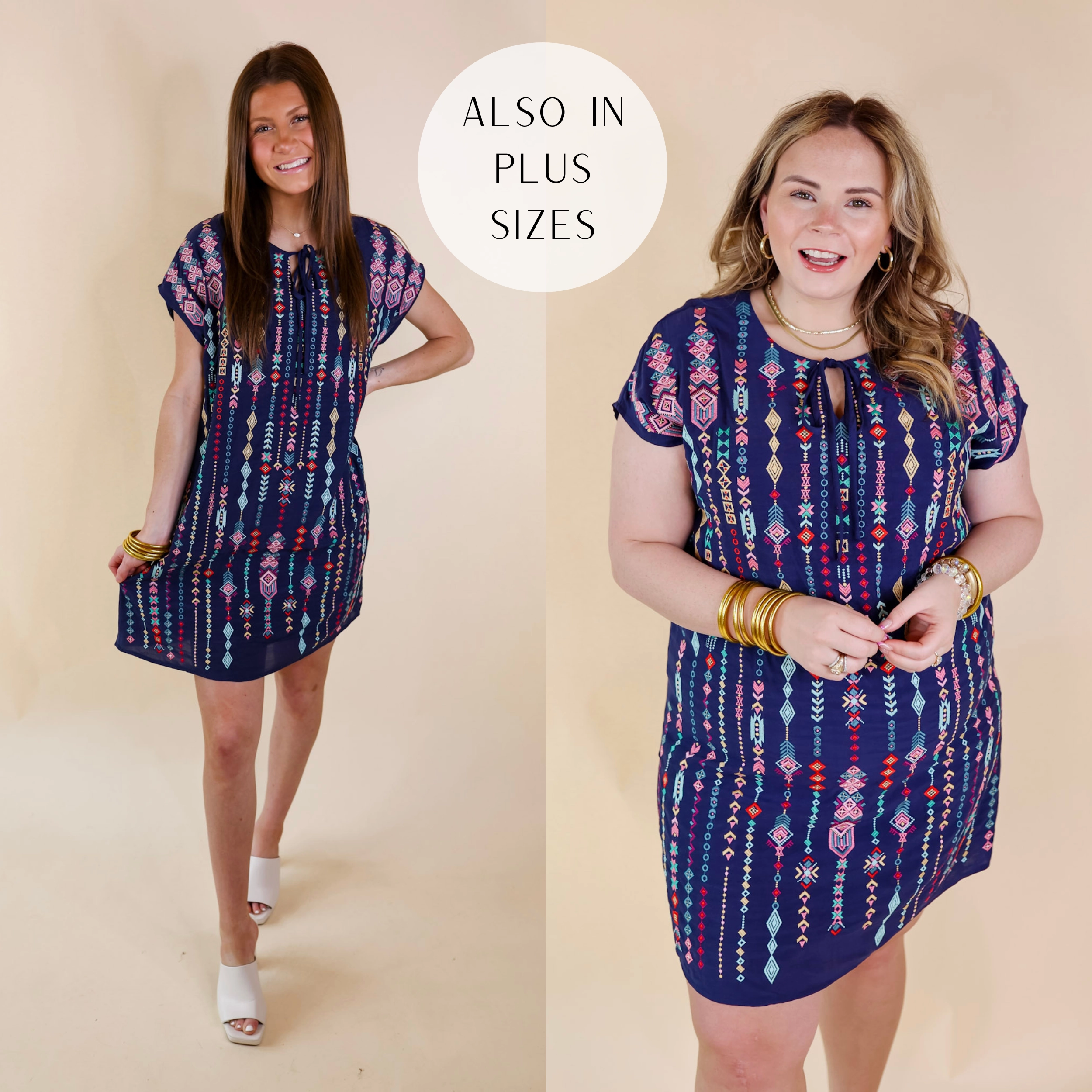 Last Chance Size Small | Love Crush Tribal Embroidered Dress with Front Keyhole in Navy Blue Durable Reinforcements