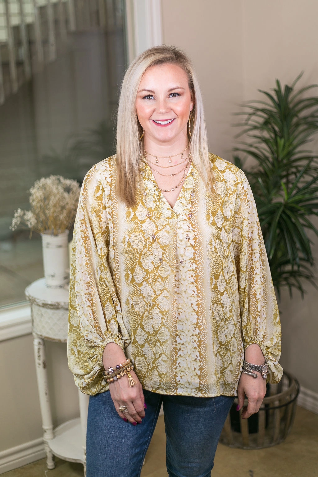 Warm Fashion Last Chance Size Small | Love is Automatic Snakeskin Puff Sleeve Top in Lime Yellow