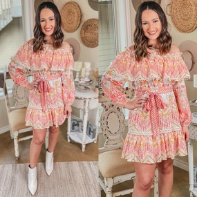 Relax Mode Last Chance Size Small | Lovely Afternoon Long Sleeve Off The Shoulder Sun Dress in Geometric Pink