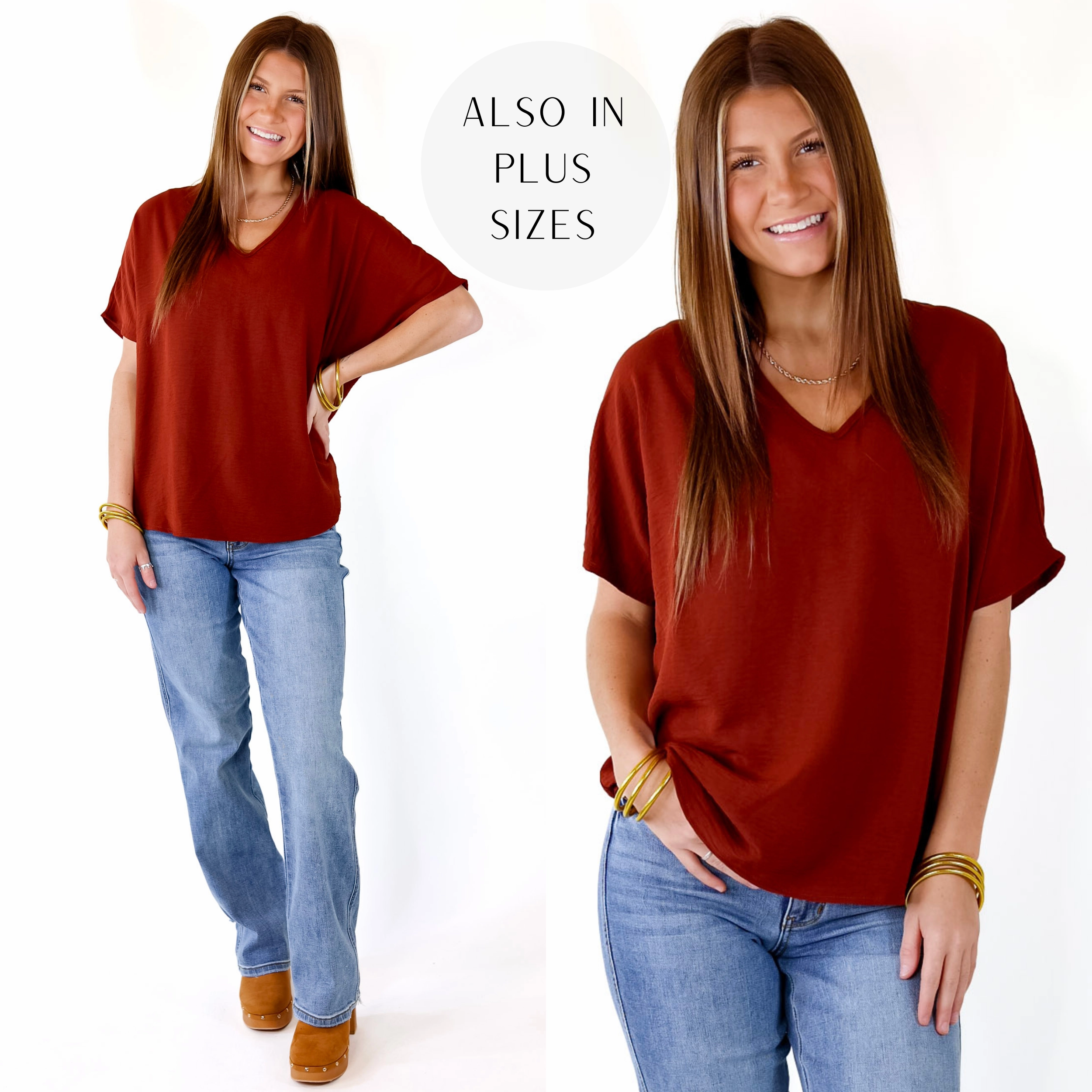 Last Chance Size Small | Lovely Dear V Neck Short Sleeve Solid Top in Rust Brown Sprint Fit Business Outfit