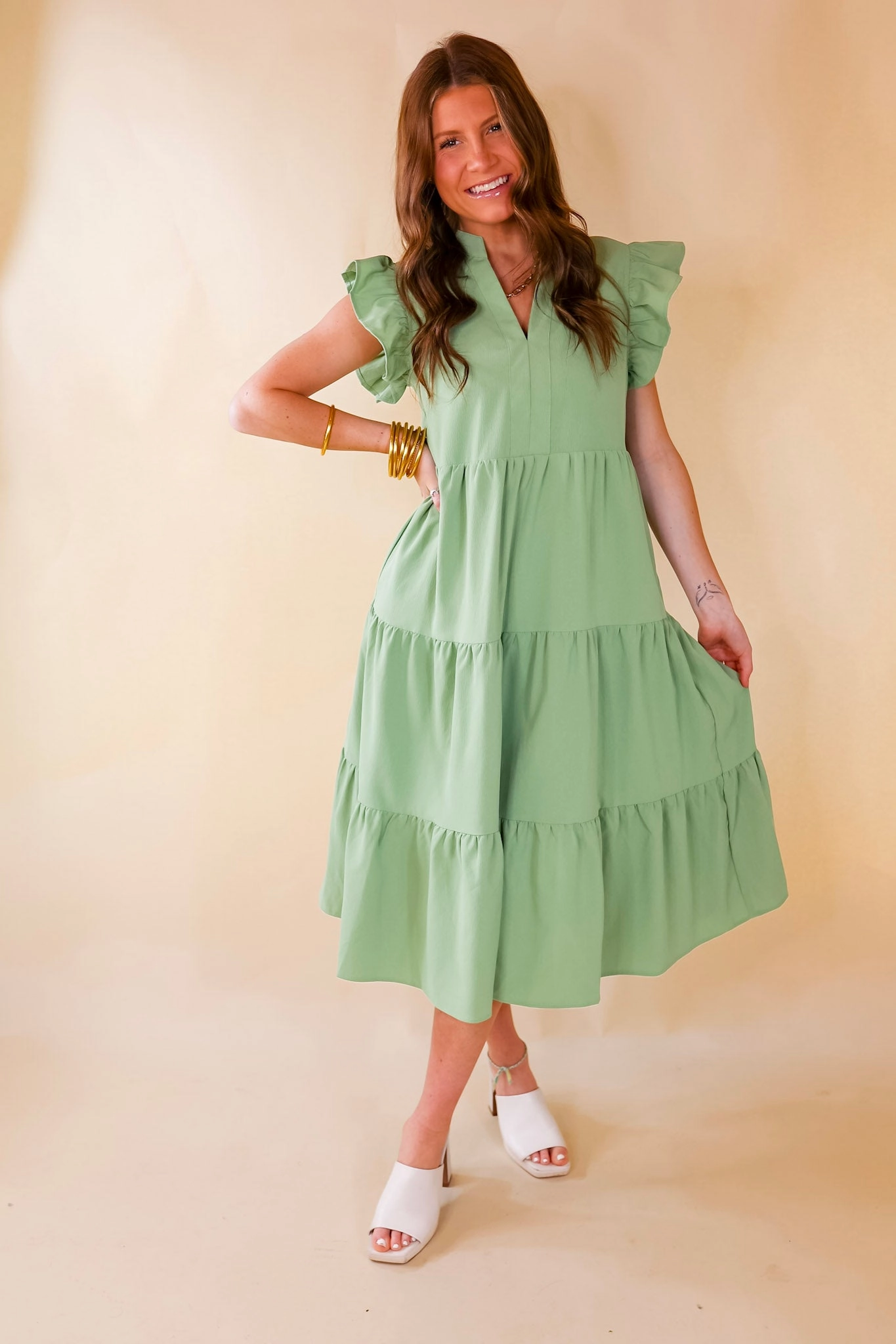 Last Chance Size Small | Magnolia Morning Ruffle Cap Sleeve Tiered Midi Dress in Sage Green QuickDry Technology Layered Look