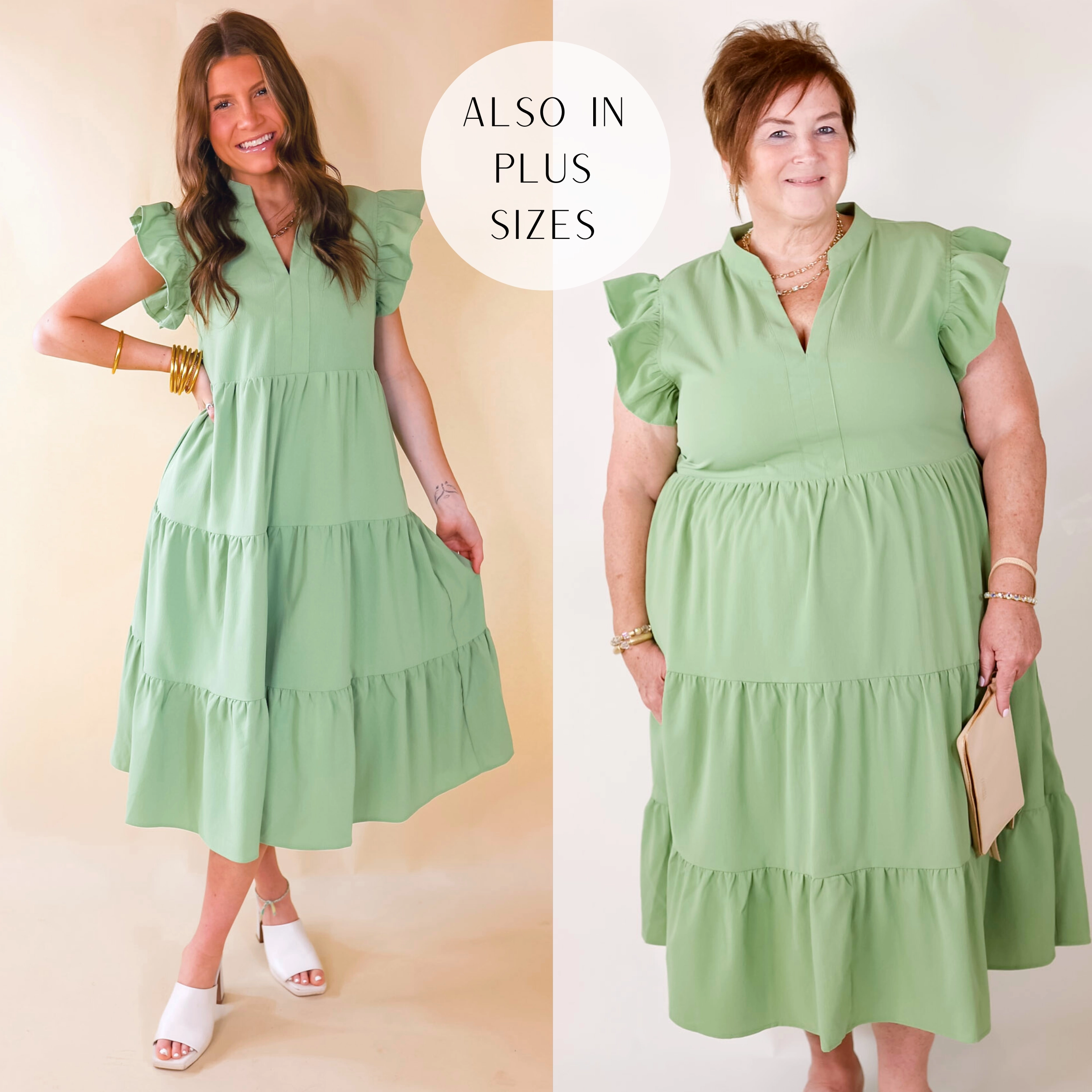 Last Chance Size Small | Magnolia Morning Ruffle Cap Sleeve Tiered Midi Dress in Sage Green Soft Tunic