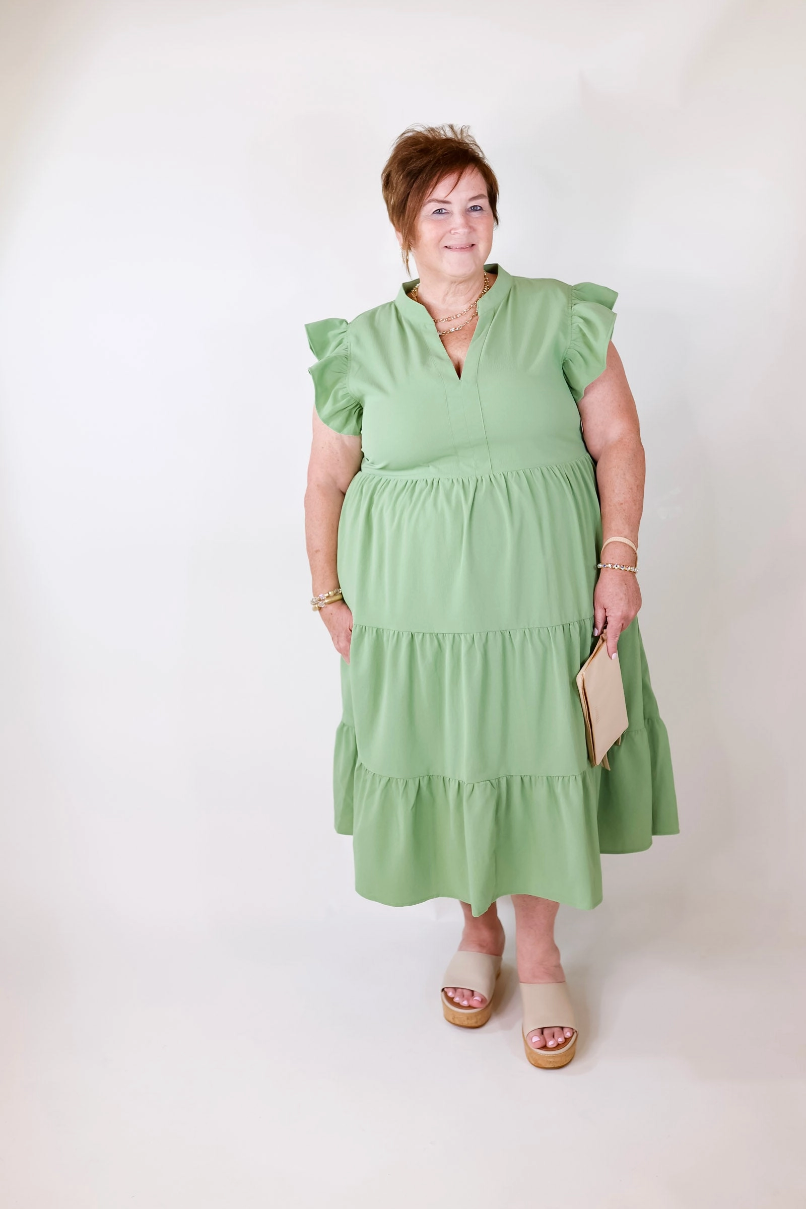 Last Chance Size Small | Magnolia Morning Ruffle Cap Sleeve Tiered Midi Dress in Sage Green StretchFree