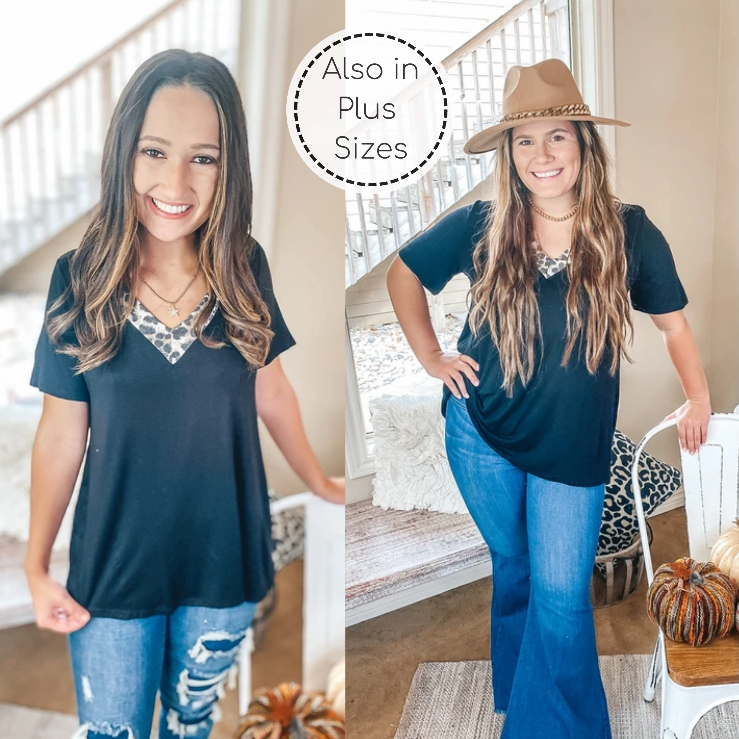 Eco-Friendly Material Smooth Edge Binding Last Chance Size Small | Make It Happen Leopard V Neck Detail Top in Black