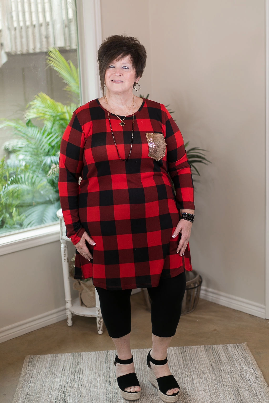 LightweightTextile Casual Vibe Last Chance Size Small | Making Spirits Bright Buffalo Plaid Print Dress with Sequin Pocket in Red
