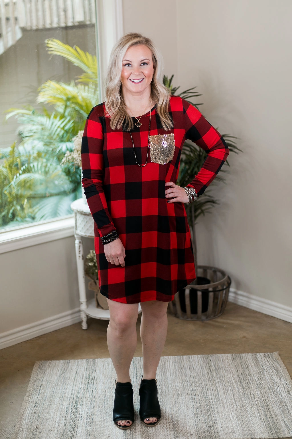 ZeroIrritationLabels Last Chance Size Small | Making Spirits Bright Buffalo Plaid Print Dress with Sequin Pocket in Red