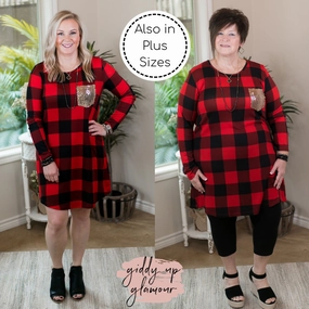 Last Chance Size Small | Making Spirits Bright Buffalo Plaid Print Dress with Sequin Pocket in Red HypoallergenicMaterial Breathable Stretch Fabric