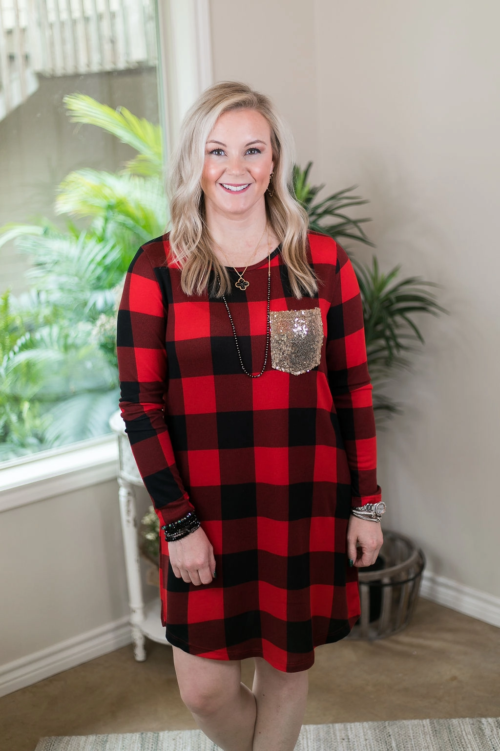 Last Chance Size Small | Making Spirits Bright Buffalo Plaid Print Dress with Sequin Pocket in Red CrossBackStructure