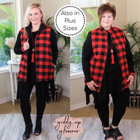 Last Chance Size Small | Meet Me In Aspen Buffalo Plaid Sherpa Lined Zip Up Vest in Red Business Outfit