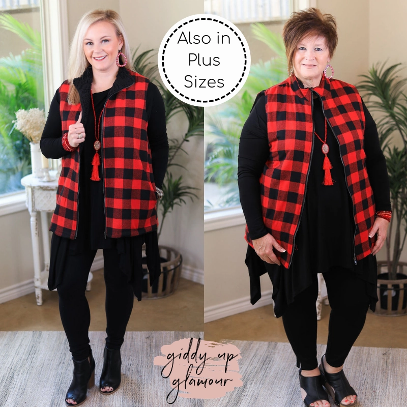 Last Chance Size Small | Meet Me In Aspen Buffalo Plaid Sherpa Lined Zip Up Vest in Red Business Outfit