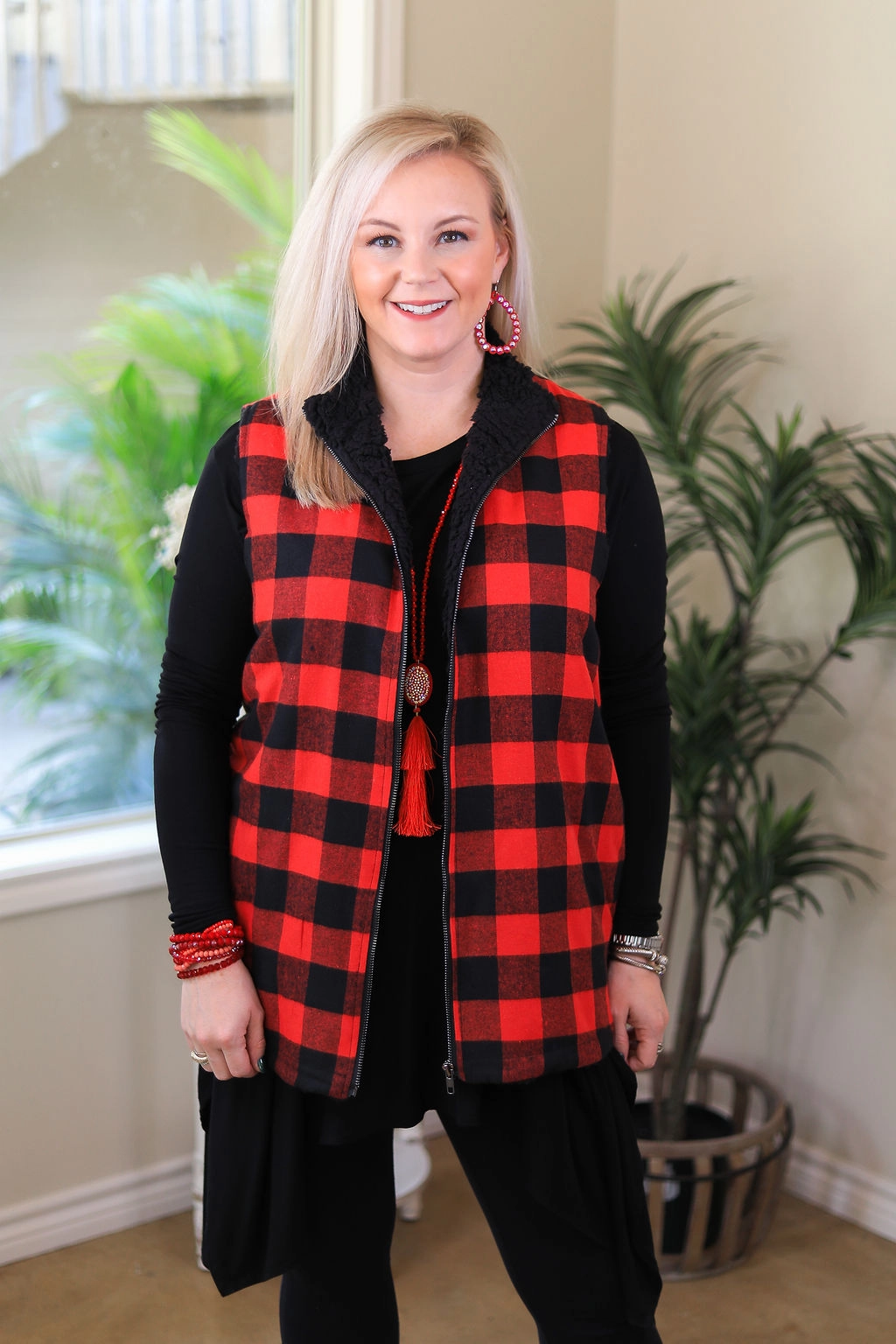 Last Chance Size Small | Meet Me In Aspen Buffalo Plaid Sherpa Lined Zip Up Vest in Red SnagProofMaterial