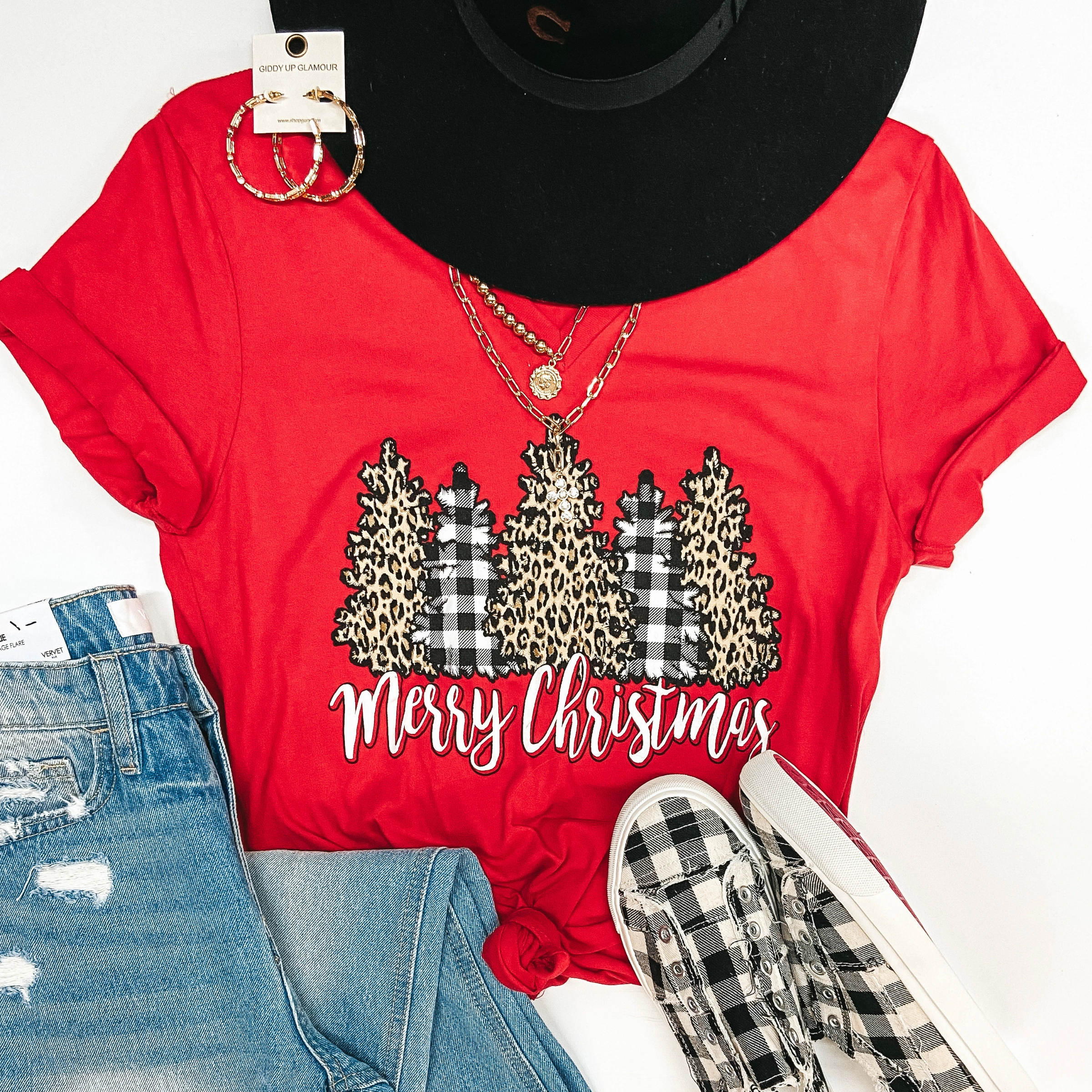 Last Chance Size Small | Merry Christmas Leopard and Buffalo Plaid Christmas Trees Short Sleeve Graphic Tee in Red Elegant Coat Boss Vibe