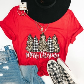 Last Chance Size Small | Merry Christmas Leopard and Buffalo Plaid Christmas Trees Short Sleeve Graphic Tee in Red Casual Polo