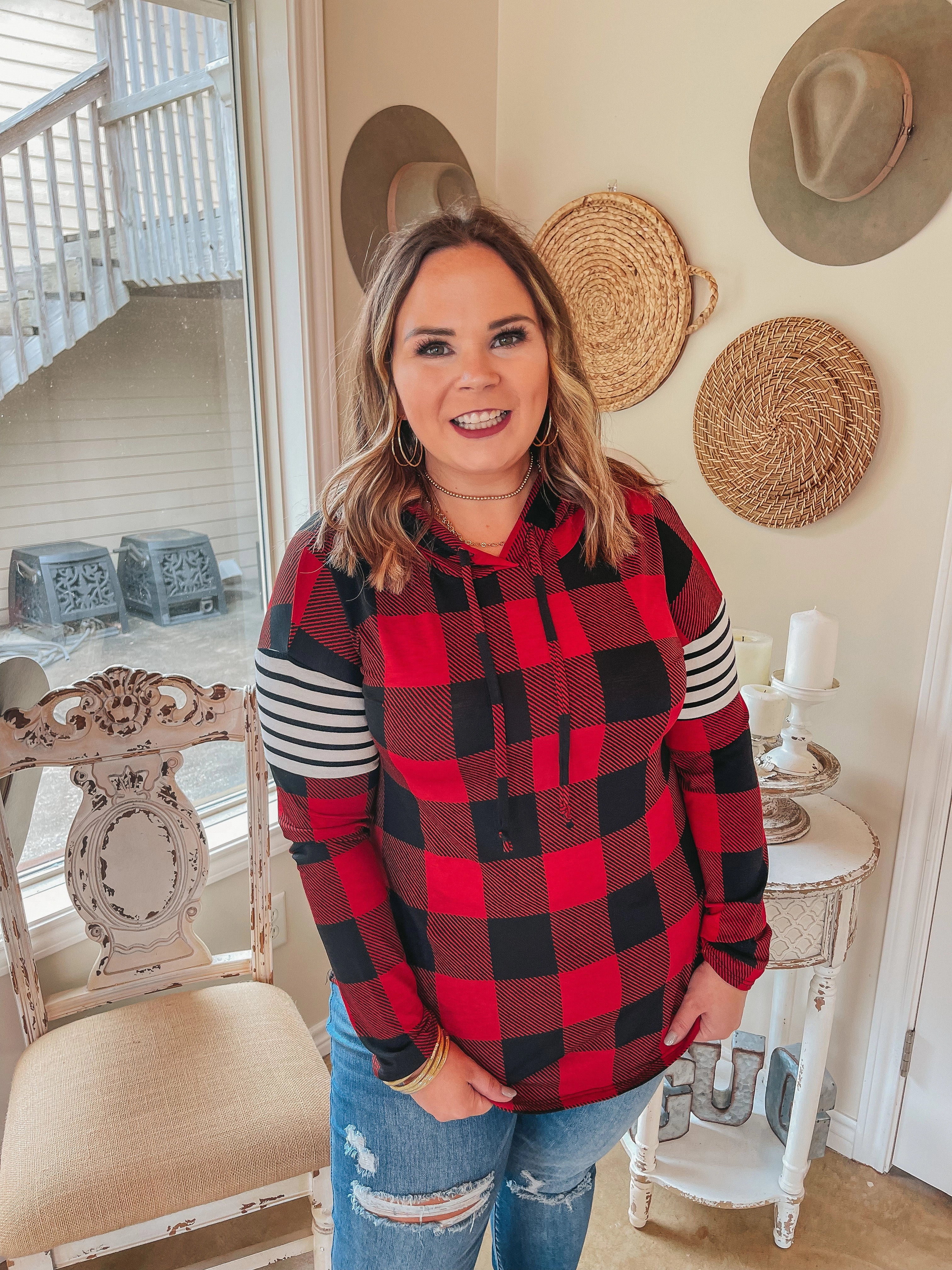 Quick Wear Warm Coat Last Chance Size Small | Mutual Attraction Striped Arm Pullover Hoodie in Red Buffalo Plaid | ONLY 1 LEFT!
