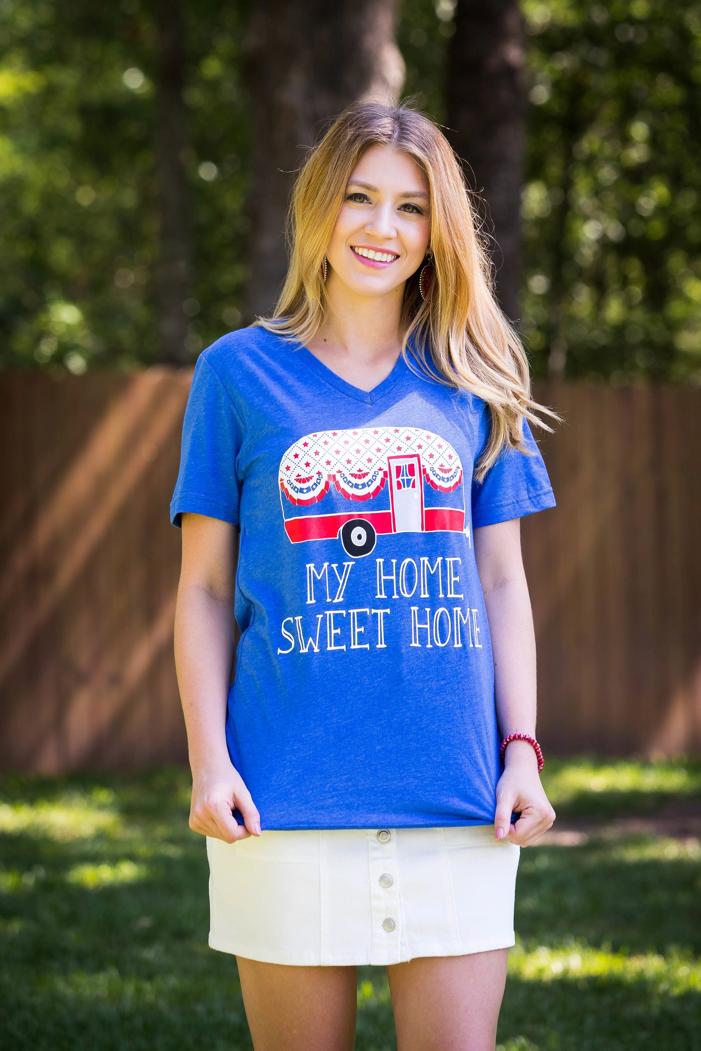 Last Chance Size Small | My Home Sweet Home Short Sleeve Tee Shirt in Blue Round neck simplicity