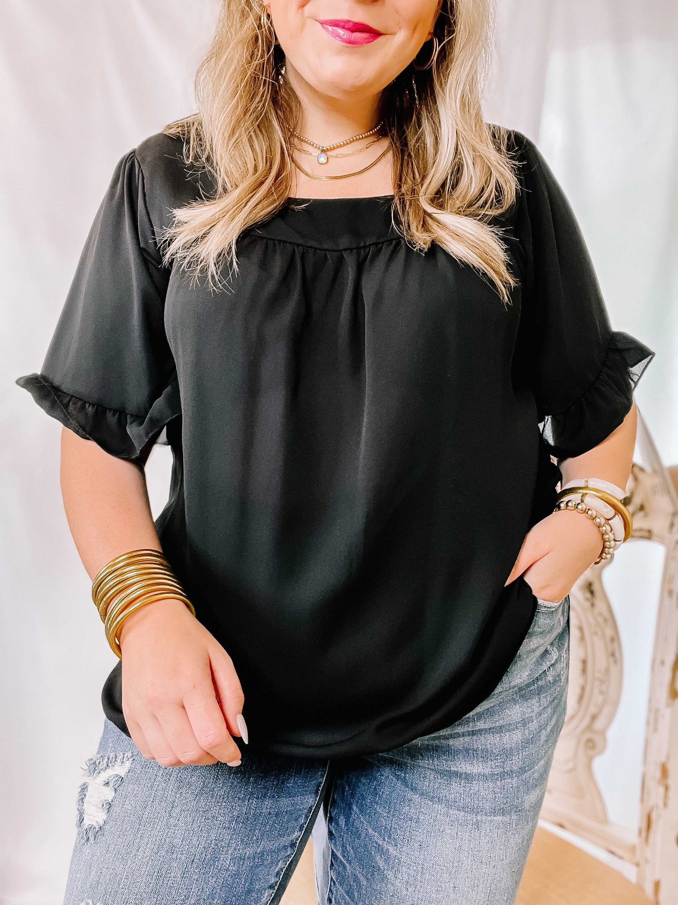 Last Chance Size Small | New Best Friend Square Neck Ruffle Short Sleeve Top in Black Soft Inner Lining