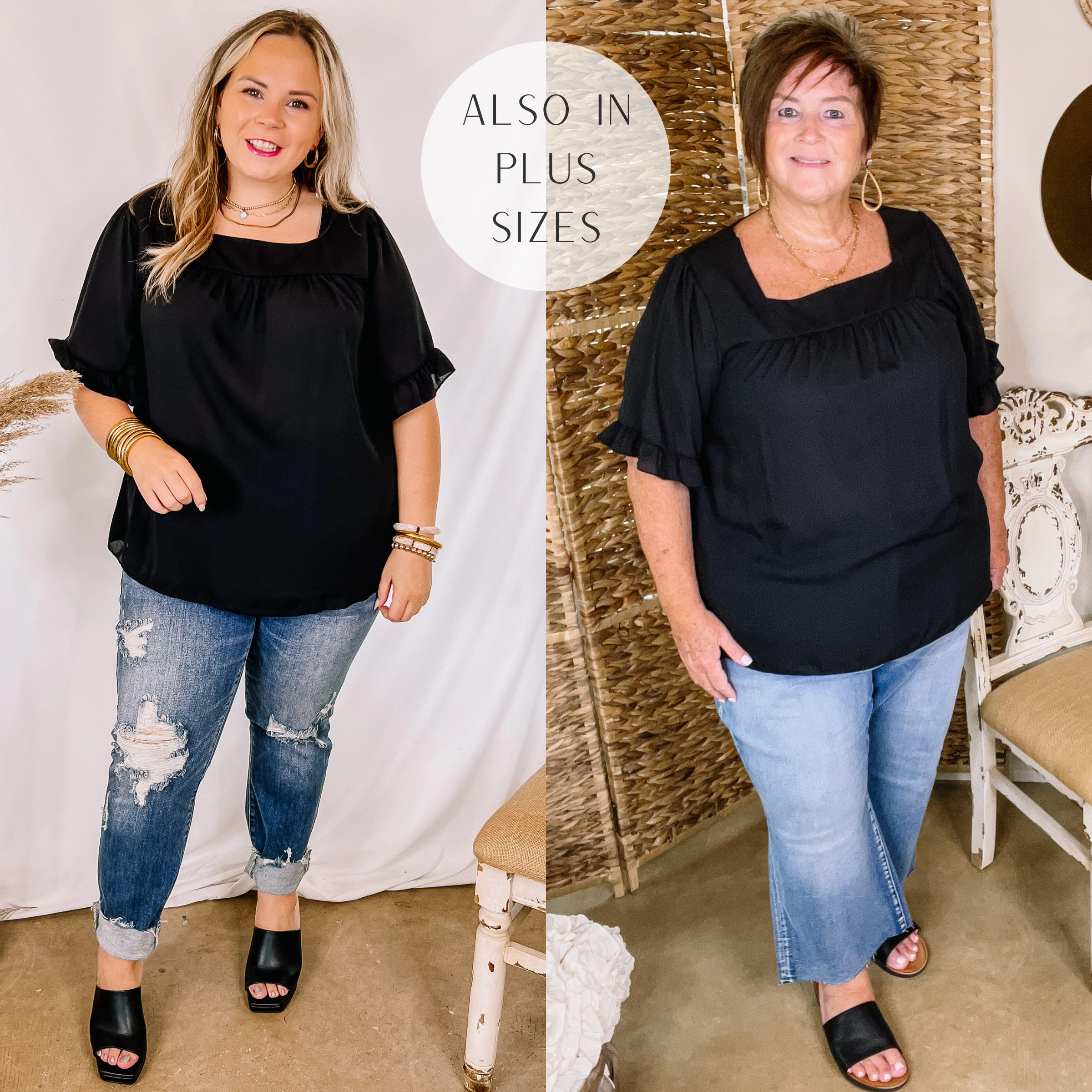 DurableReinforcedElbow Last Chance Size Small | New Best Friend Square Neck Ruffle Short Sleeve Top in Black