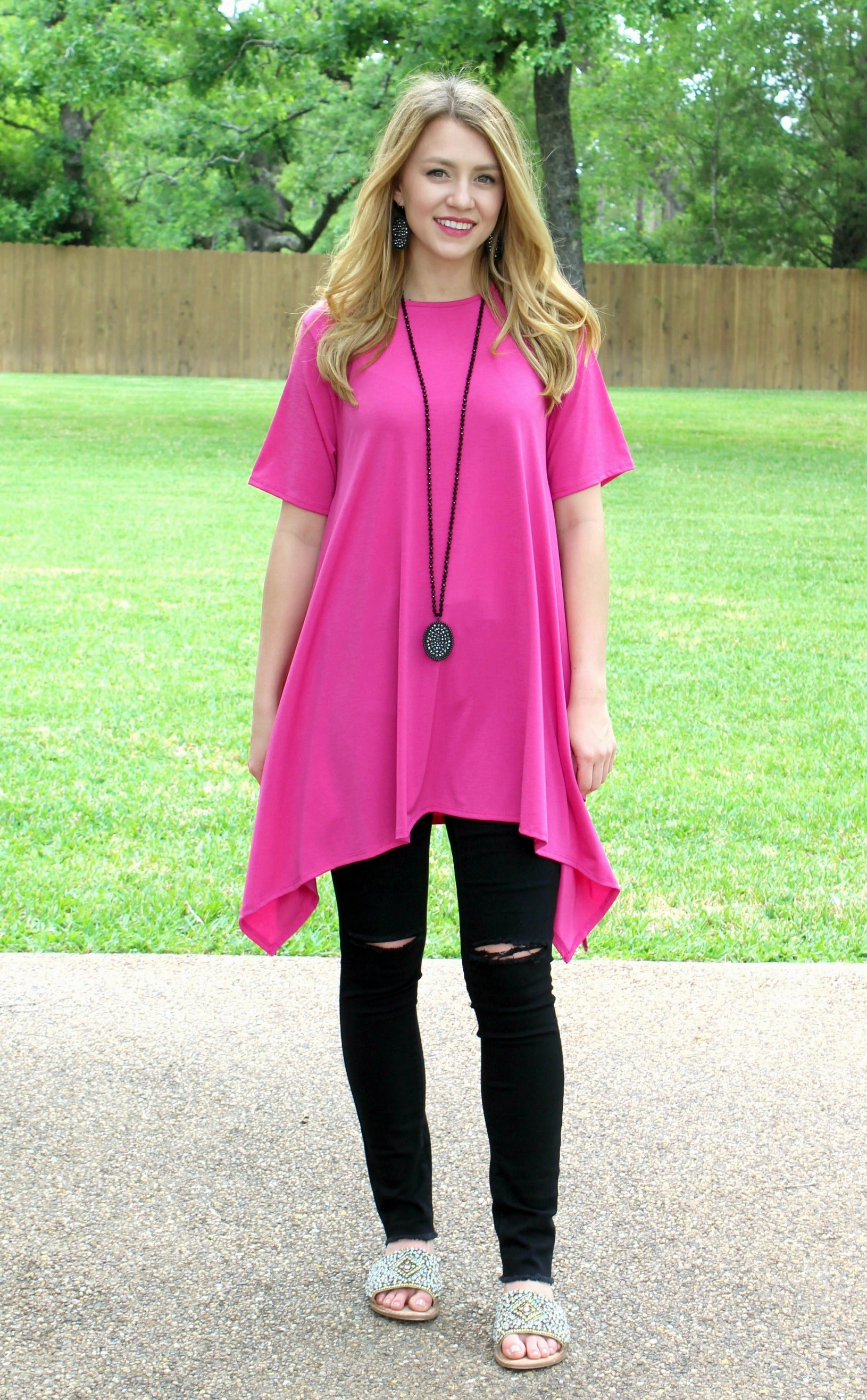 Last Chance Size Small | Not A Doubt Asymmetrical Hemline Tunic in Hot Pink | ONLY 1 LEFT! Dry Touch Easy Wear