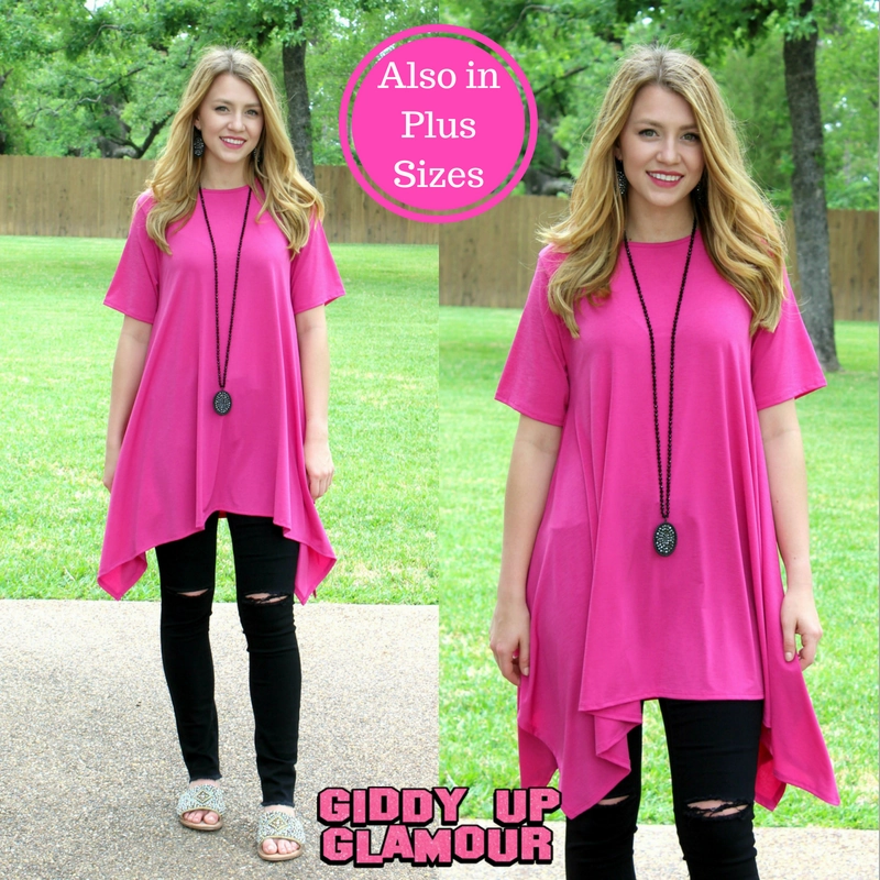 Last Chance Size Small | Not A Doubt Asymmetrical Hemline Tunic in Hot Pink | ONLY 1 LEFT! Legend Glow