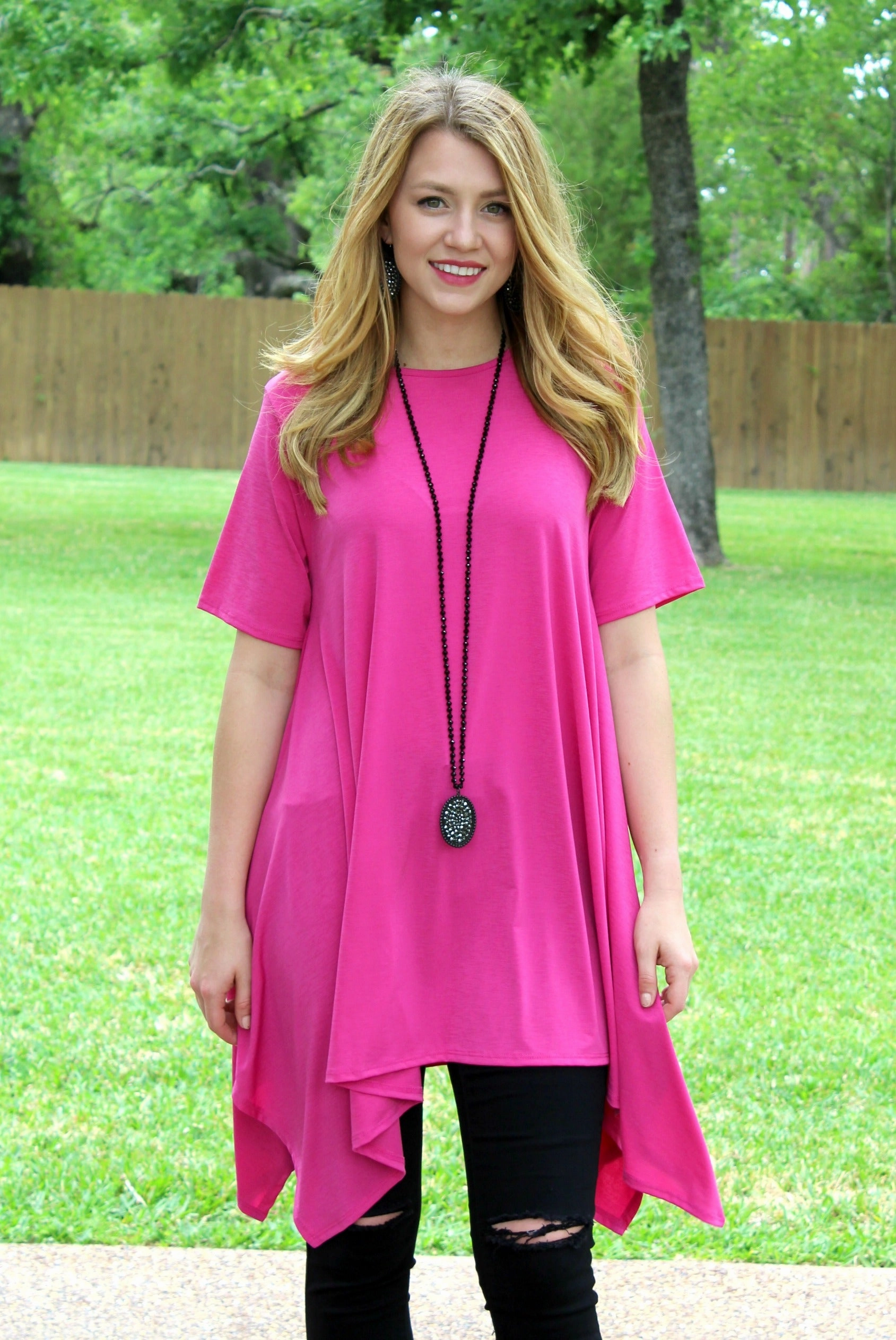 AbrasionResistant Fabric ThermalRegulation Last Chance Size Small | Not A Doubt Asymmetrical Hemline Tunic in Hot Pink | ONLY 1 LEFT!